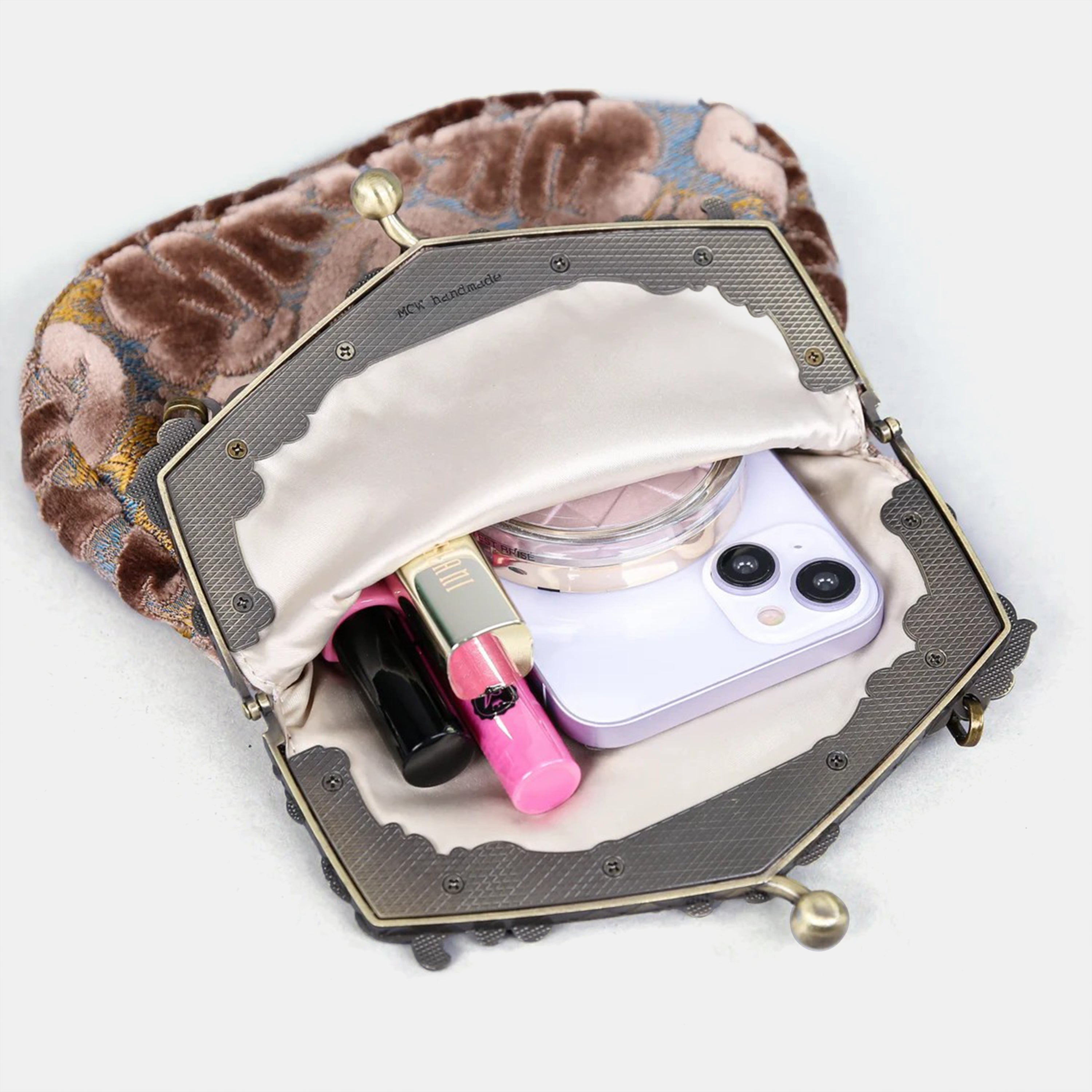 Burnout Velvet Camel Chatelaine Purse Large carpet bag MCW Handmade-3