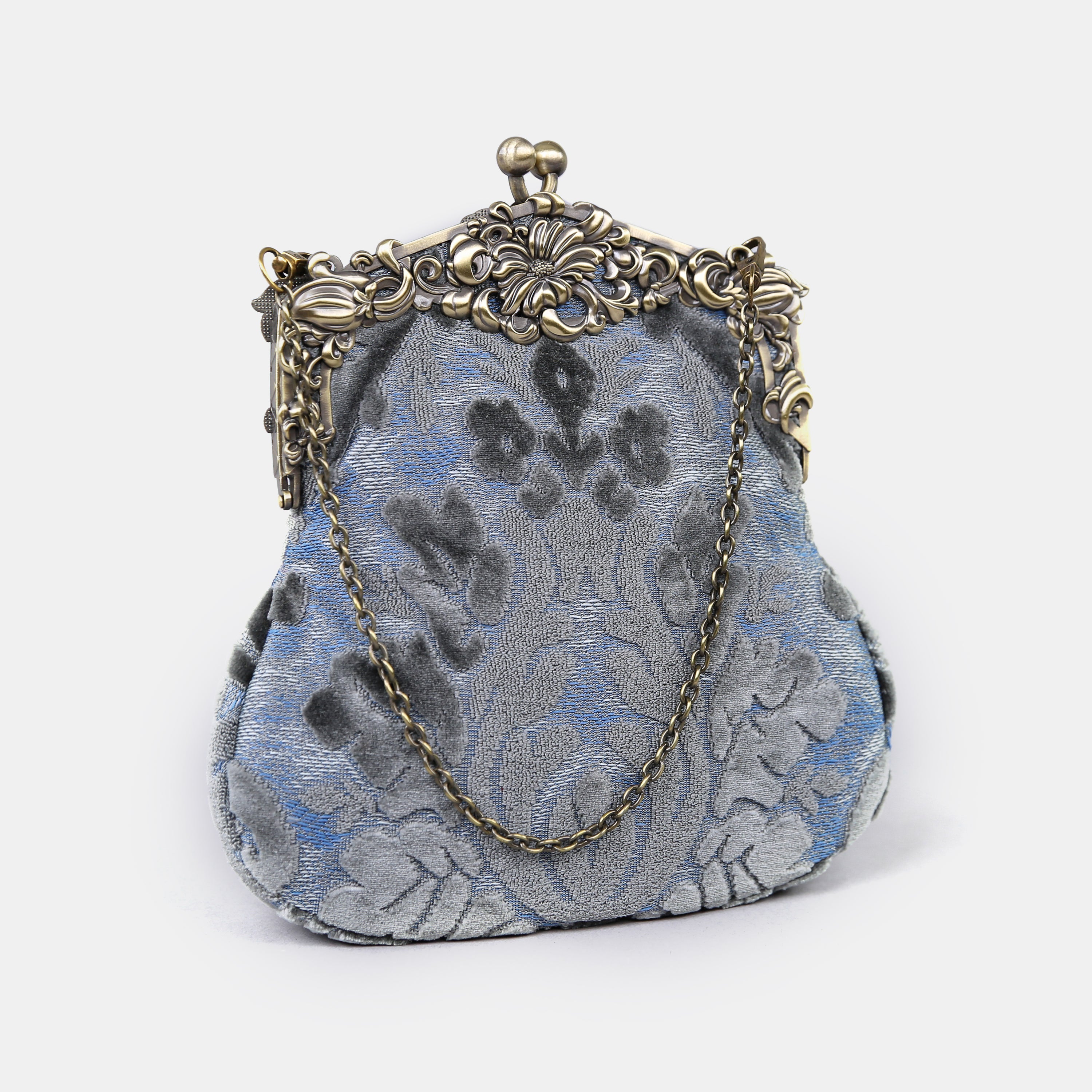 Burnout Velvet Steel Blue Chatelaine Purse Large carpet bag MCW Handmade