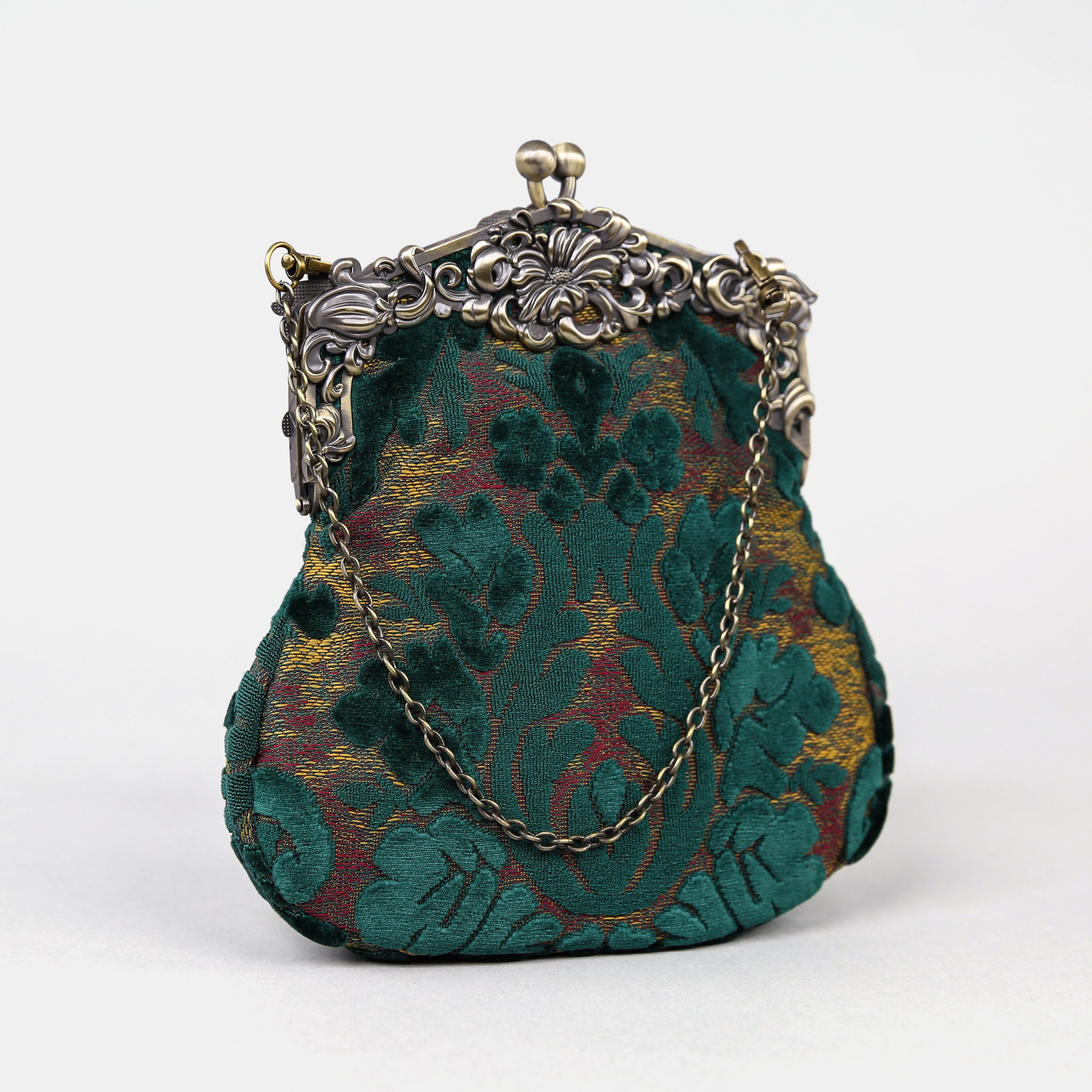 Burnout Velvet Jade Green Chatelaine Purse Large carpet bag MCW Handmade