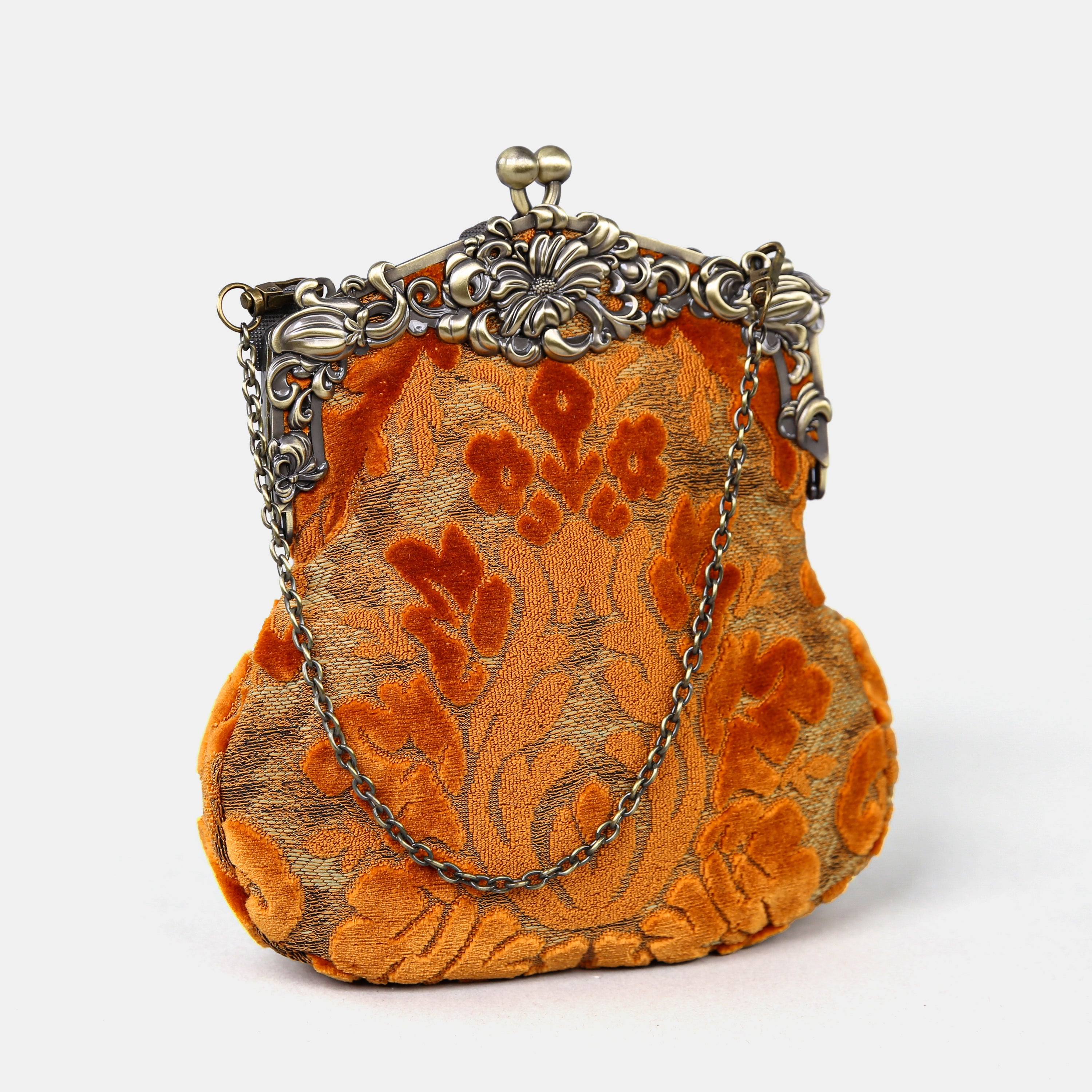 Burnout Velvet Orange Chatelaine Purse Large carpet bag MCW Handmade