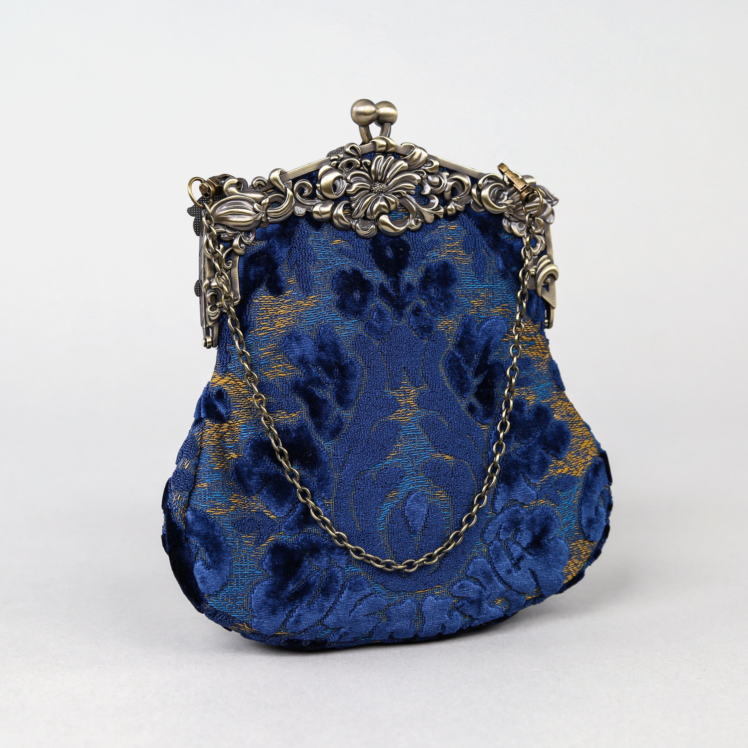 Burnout Velvet Navy Chatelaine Purse Large carpet bag MCW Handmade