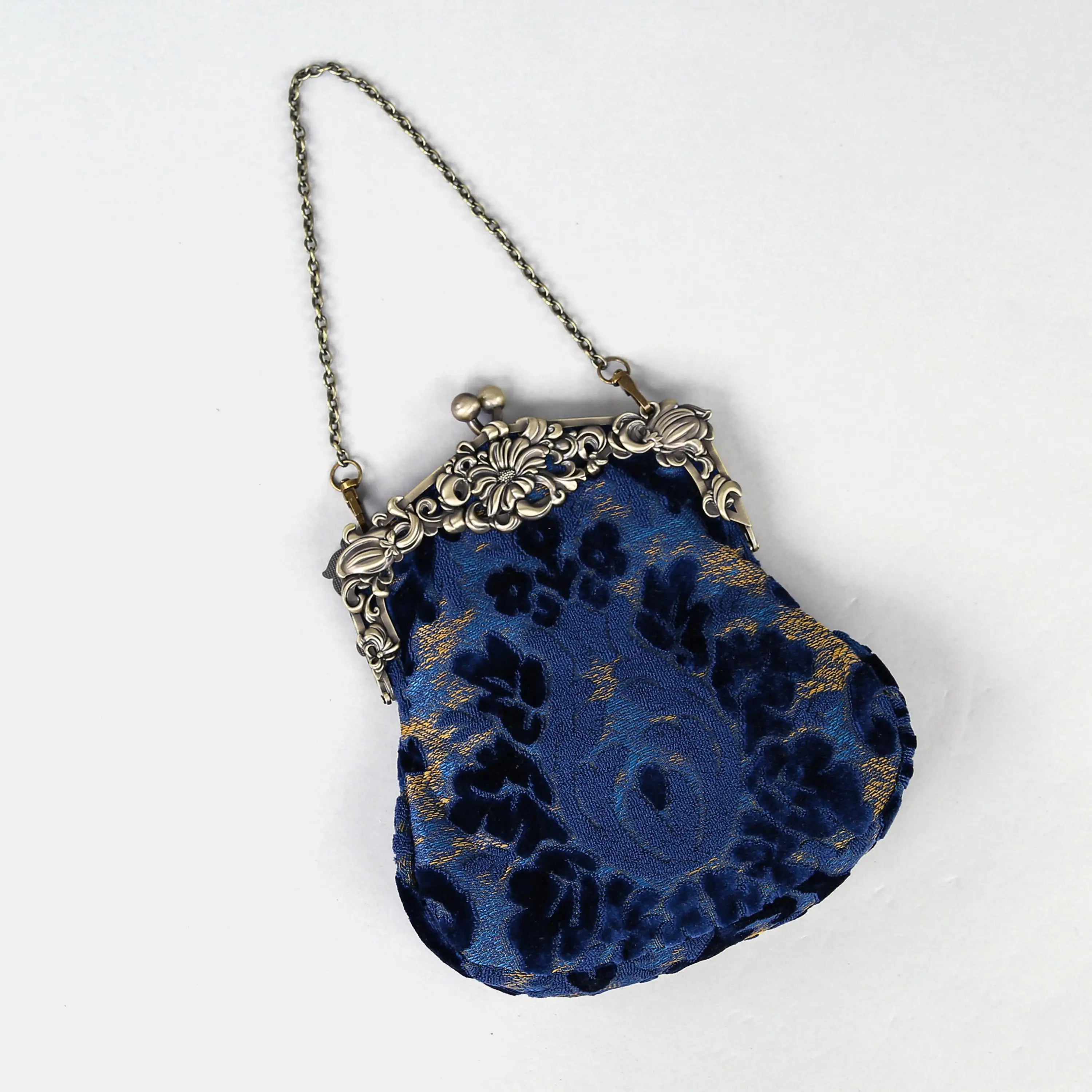 Burnout Velvet Navy Chatelaine Purse Large carpet bag of America lay flat