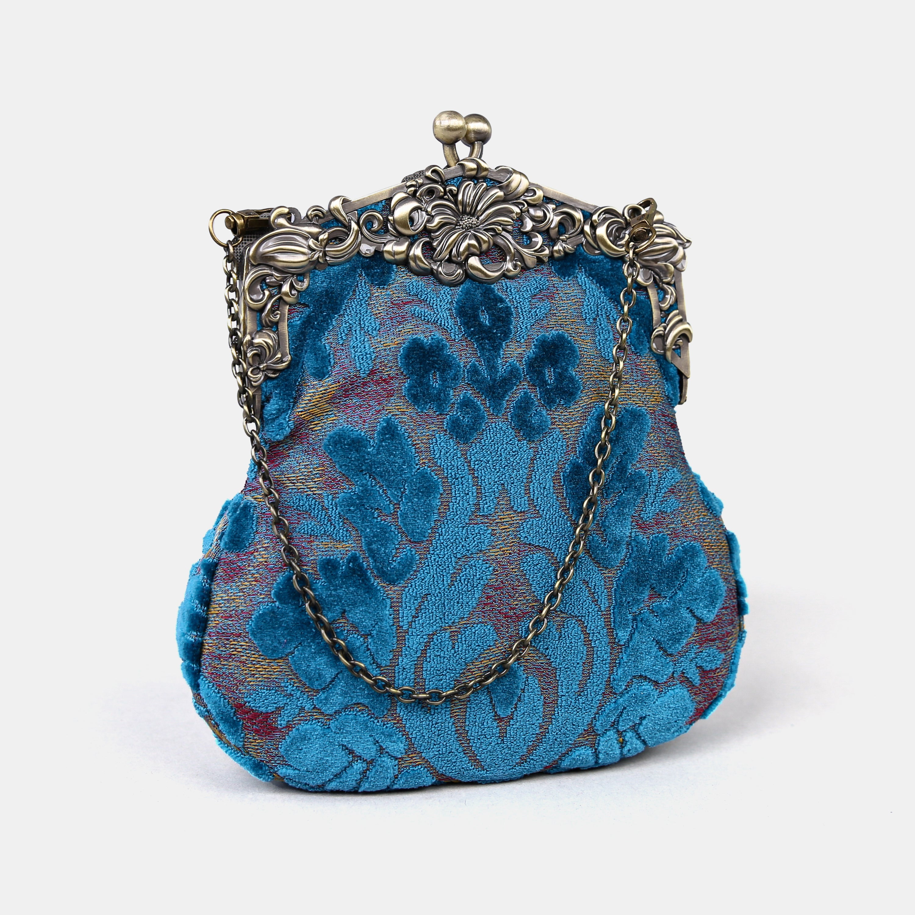 Burnout Velvet Aqua Blue Chatelaine Purse Large carpet bag MCW Handmade