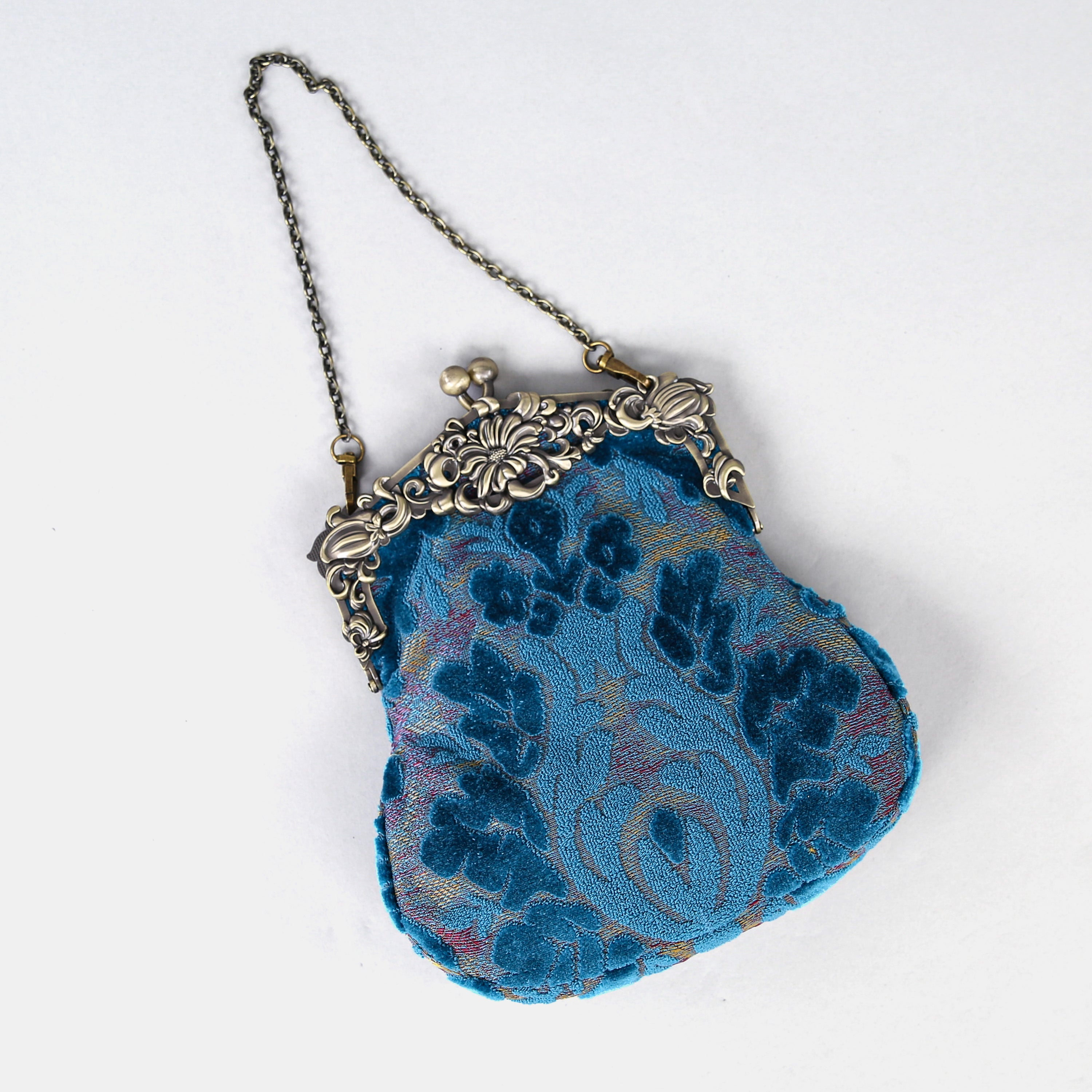 Burnout Velvet Aqua Blue Chatelaine Purse Large carpet bag MCW Handmade-1