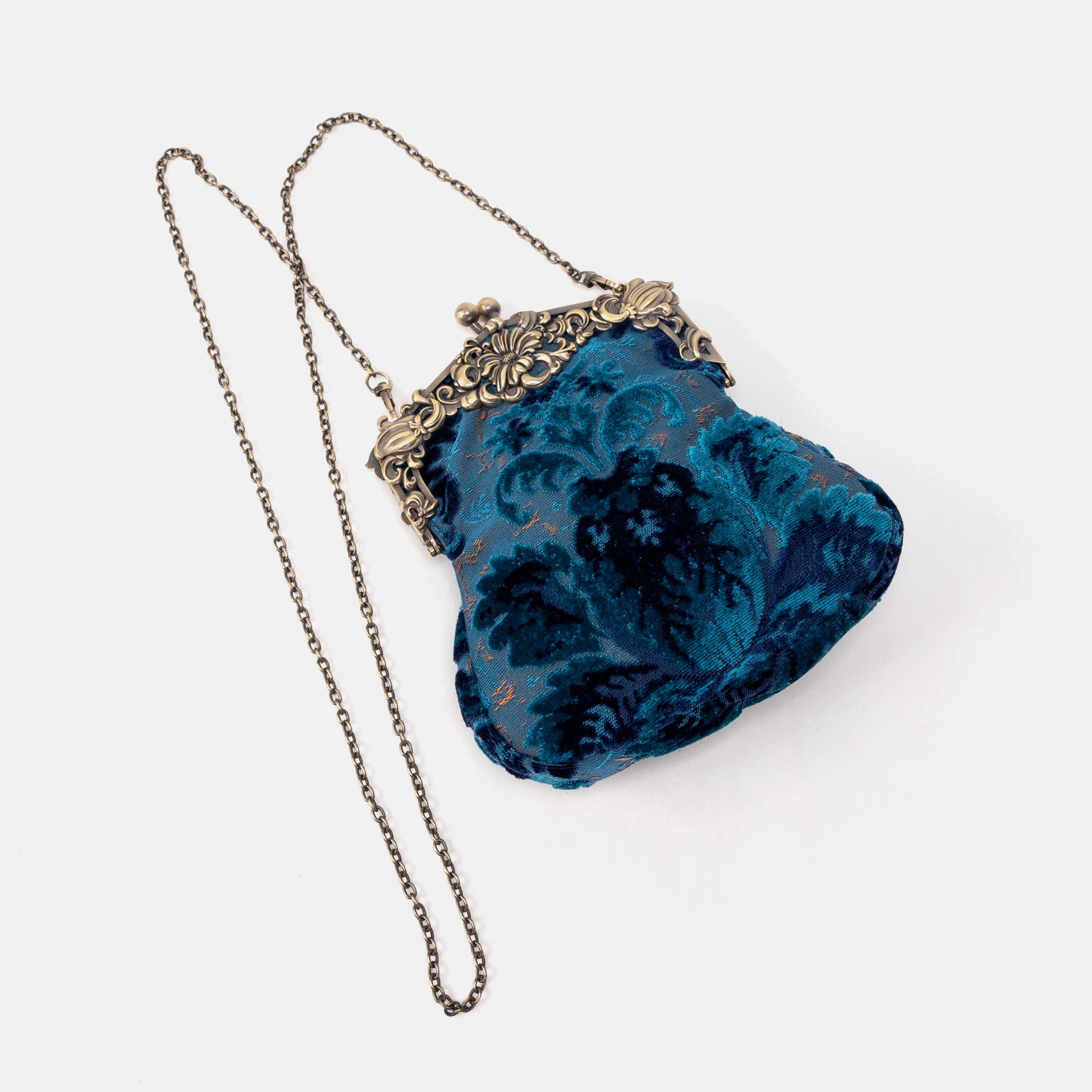 Burnout Velvet Revival Aqua Chatelaine Purse Large with long chain