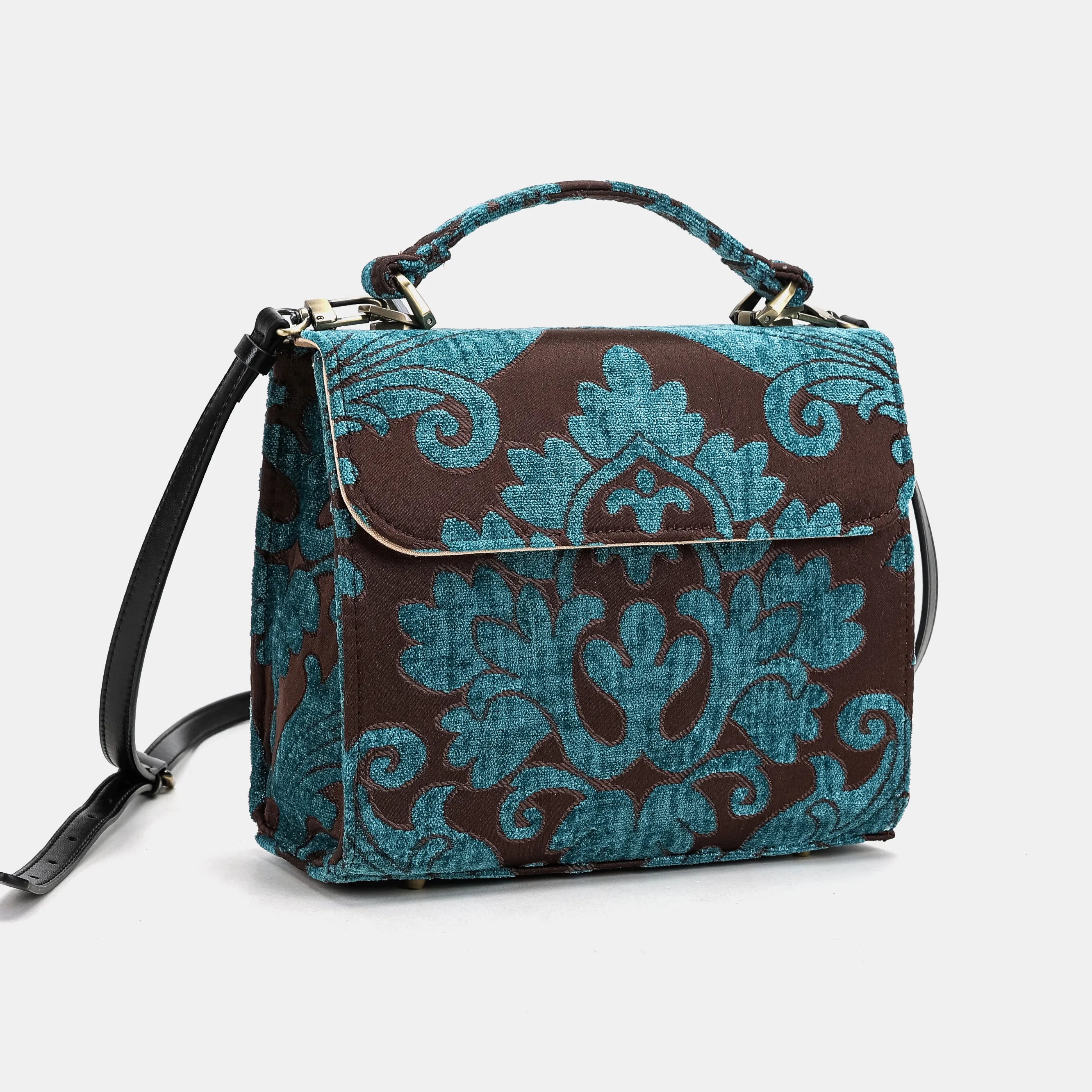 Luxury Damask Blue Flap Satchel Carpetbag of America front side