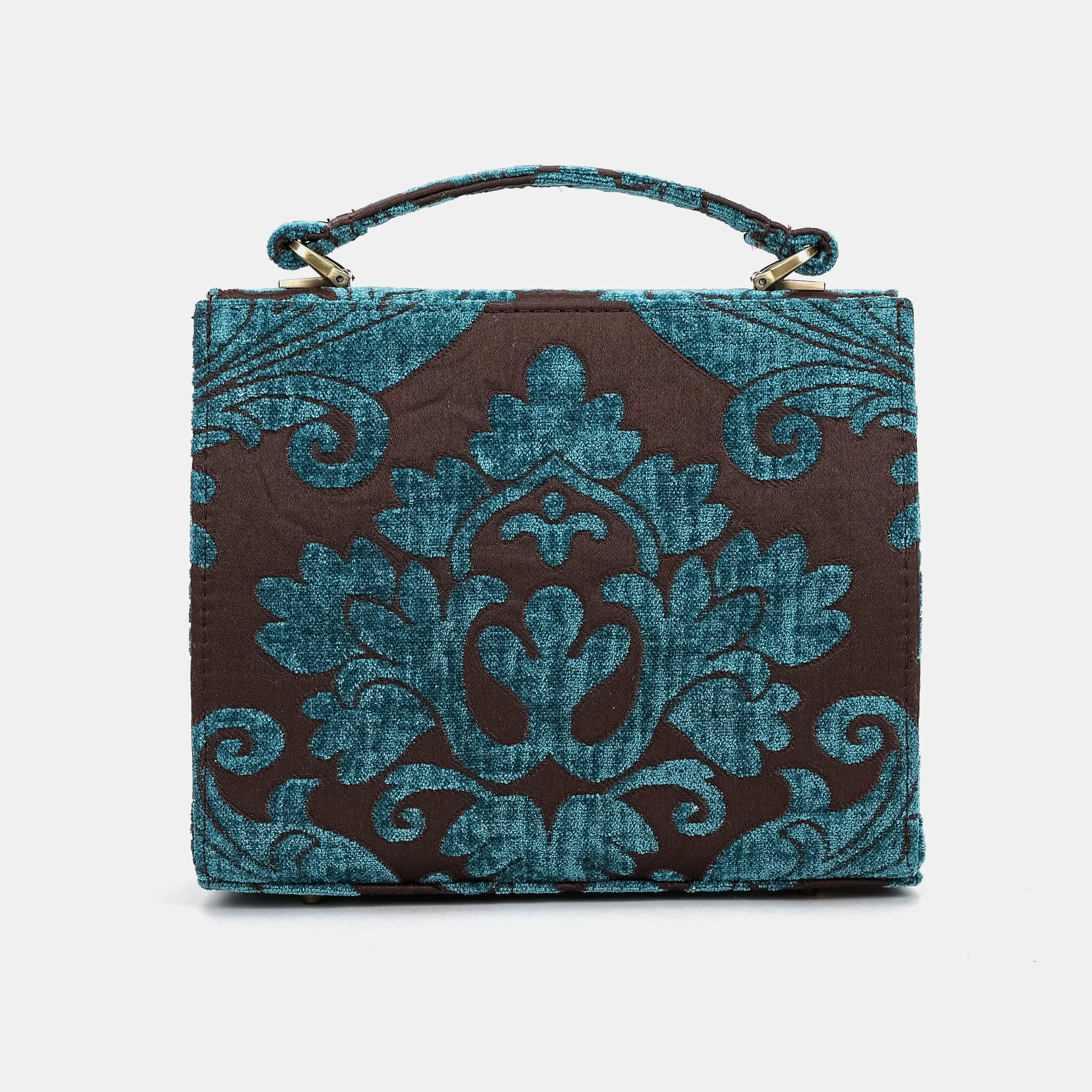 Luxury Damask Blue Flap Satchel Carpetbag of America back