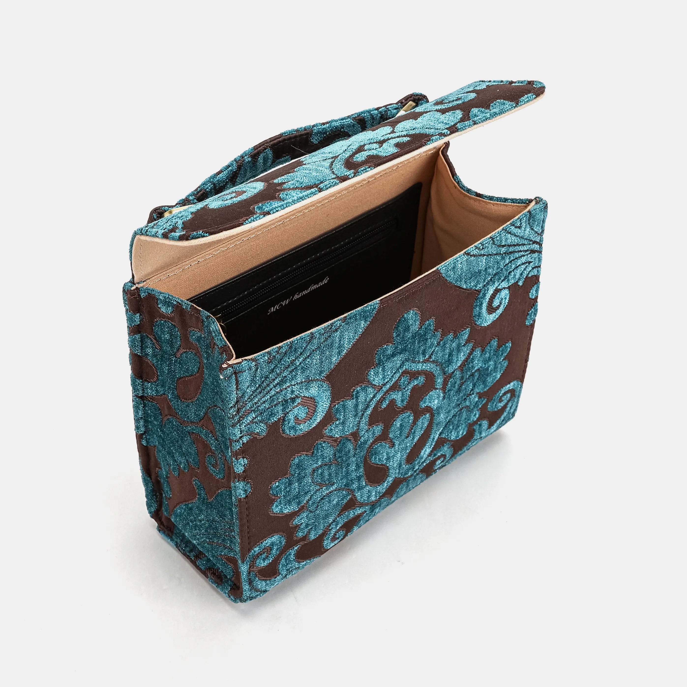 Luxury Damask Blue Flap Satchel Carpetbag of America opening