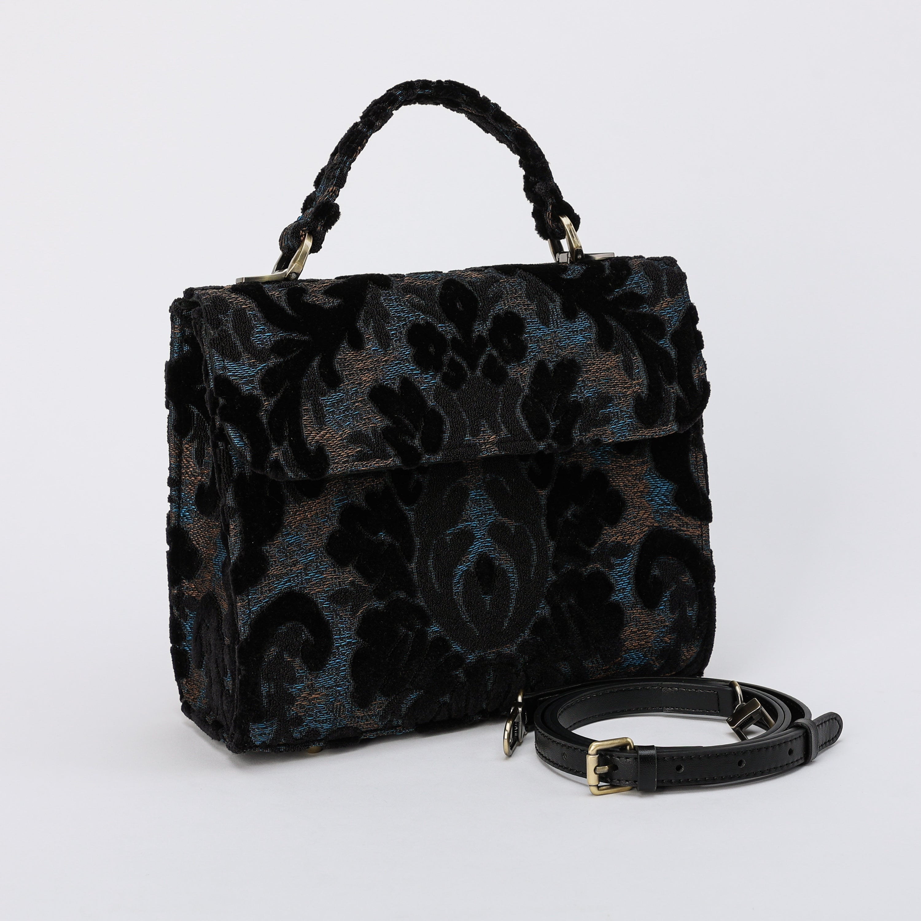 Burnout Velvet Black Flap Satchel carpet bag MCW Handmade-1