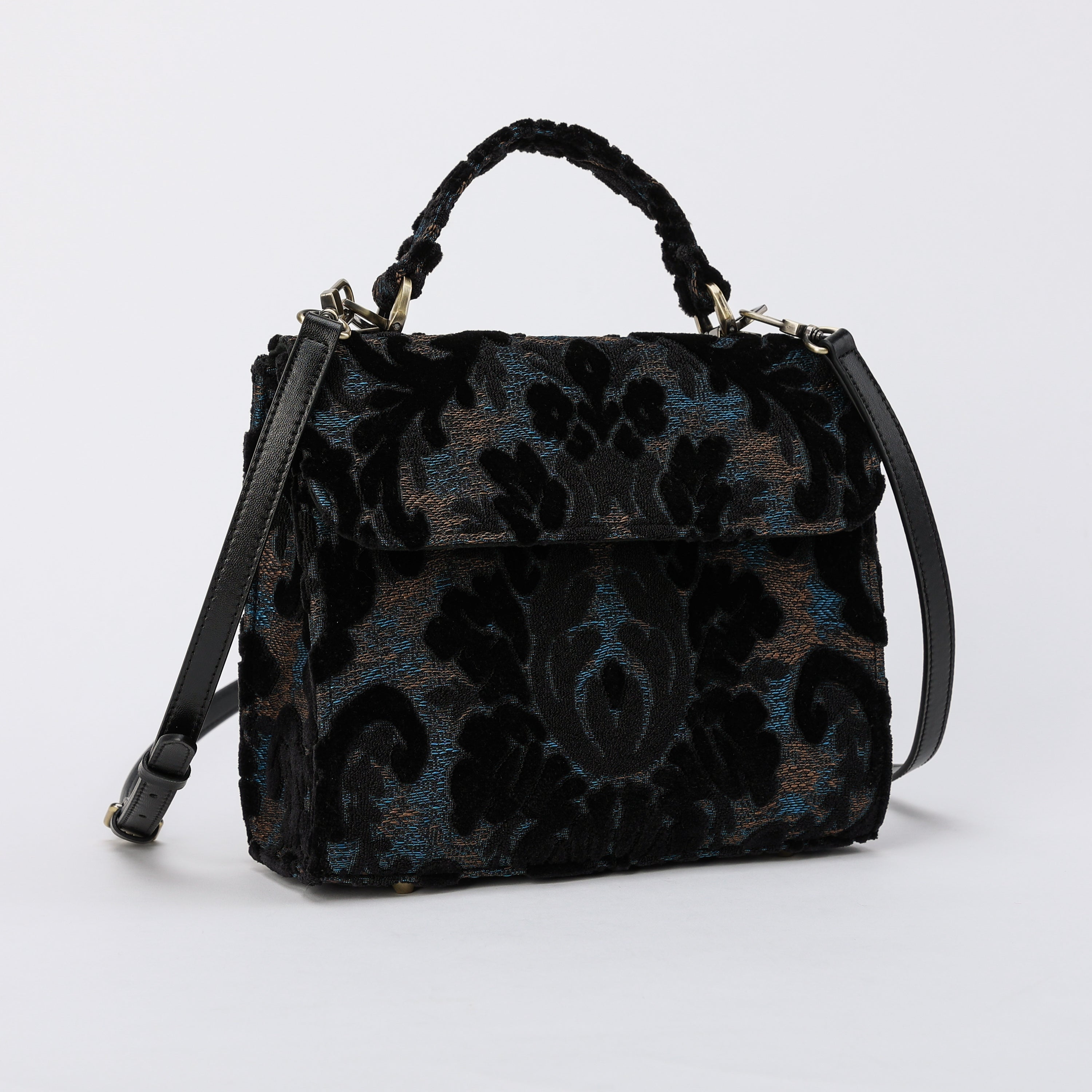 Burnout Velvet Black Flap Satchel carpet bag MCW Handmade-2