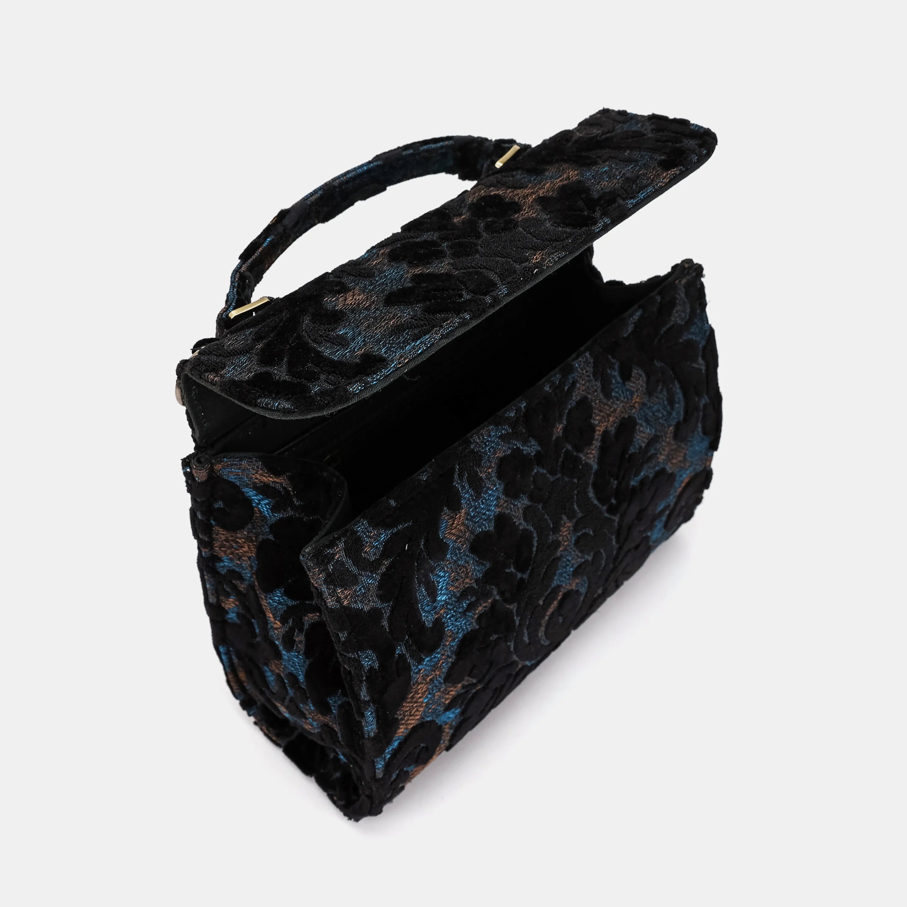 Burnout Velvet Black Flap Satchel Carpetbag of America open
