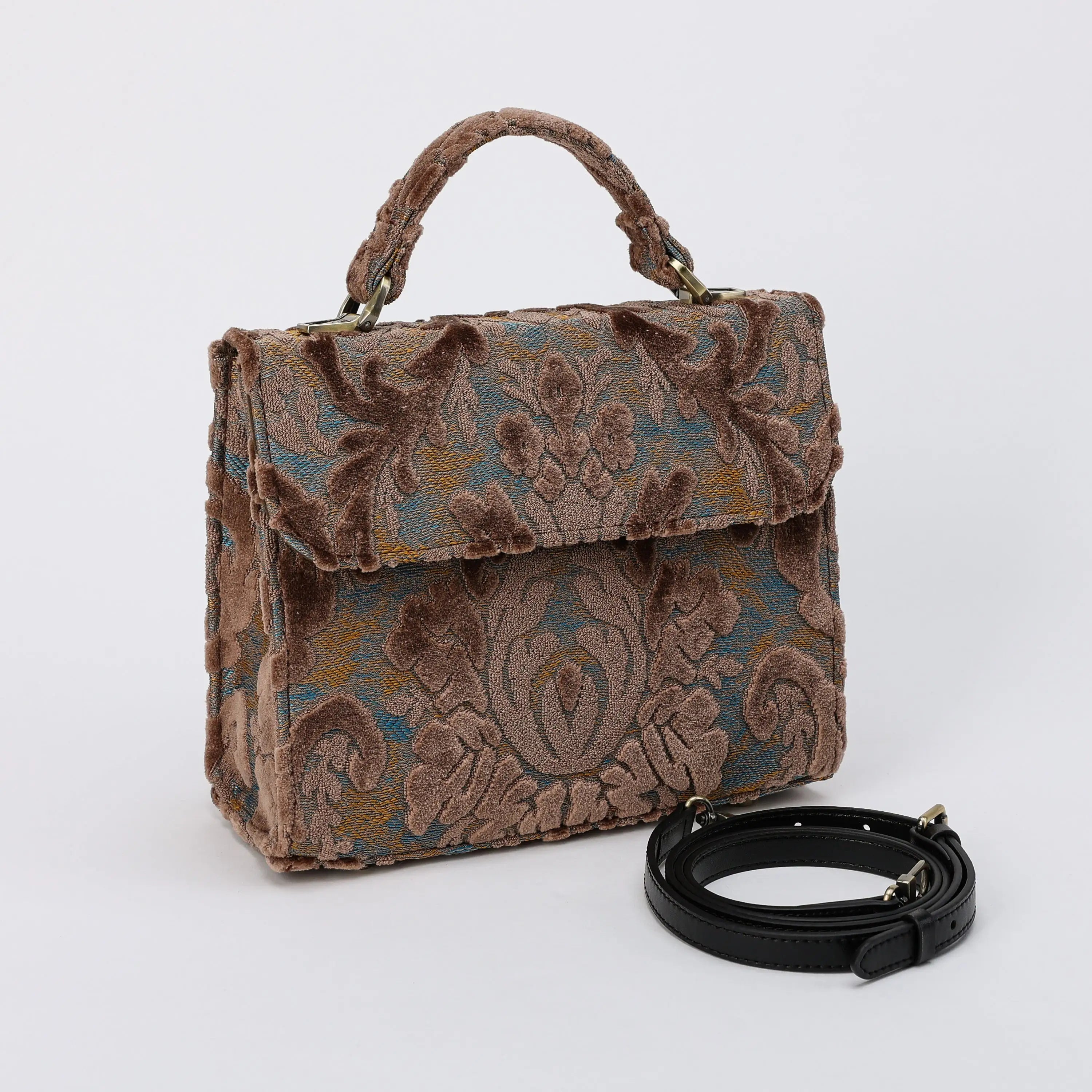 Burnout Velvet Camel Flap Satchel Carpetbag of America front side