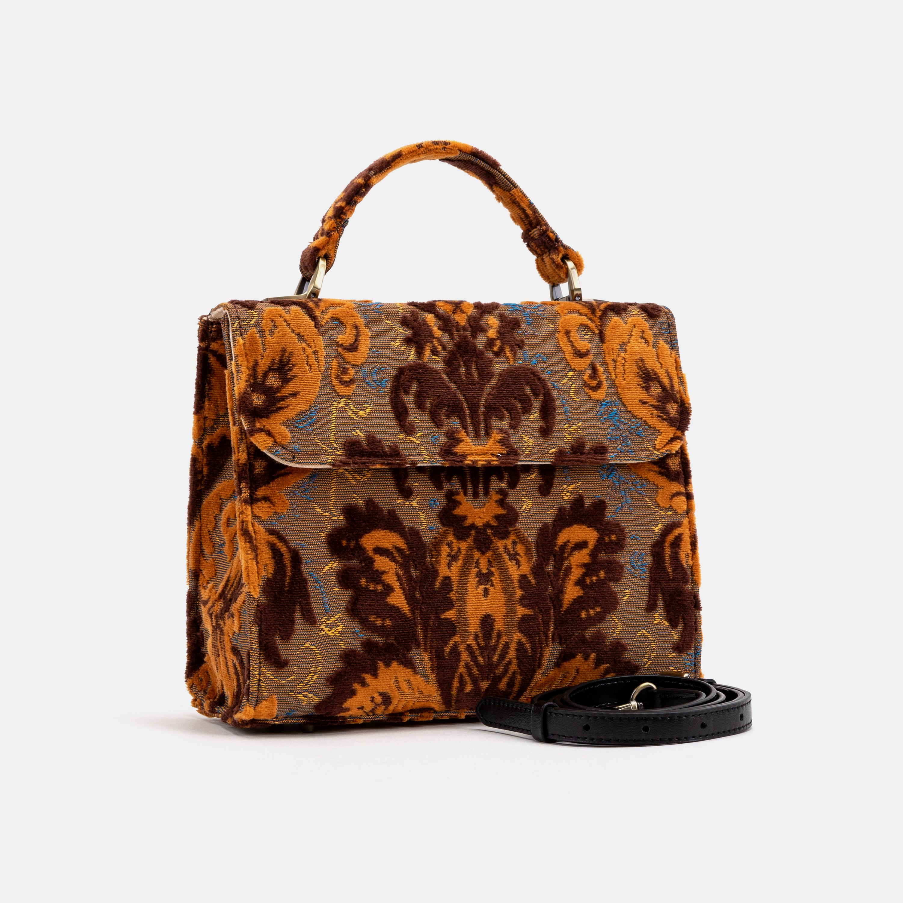 Burnout Velvet Revival Sienna Flap Satchel Carpetbag of America with shoulder strap