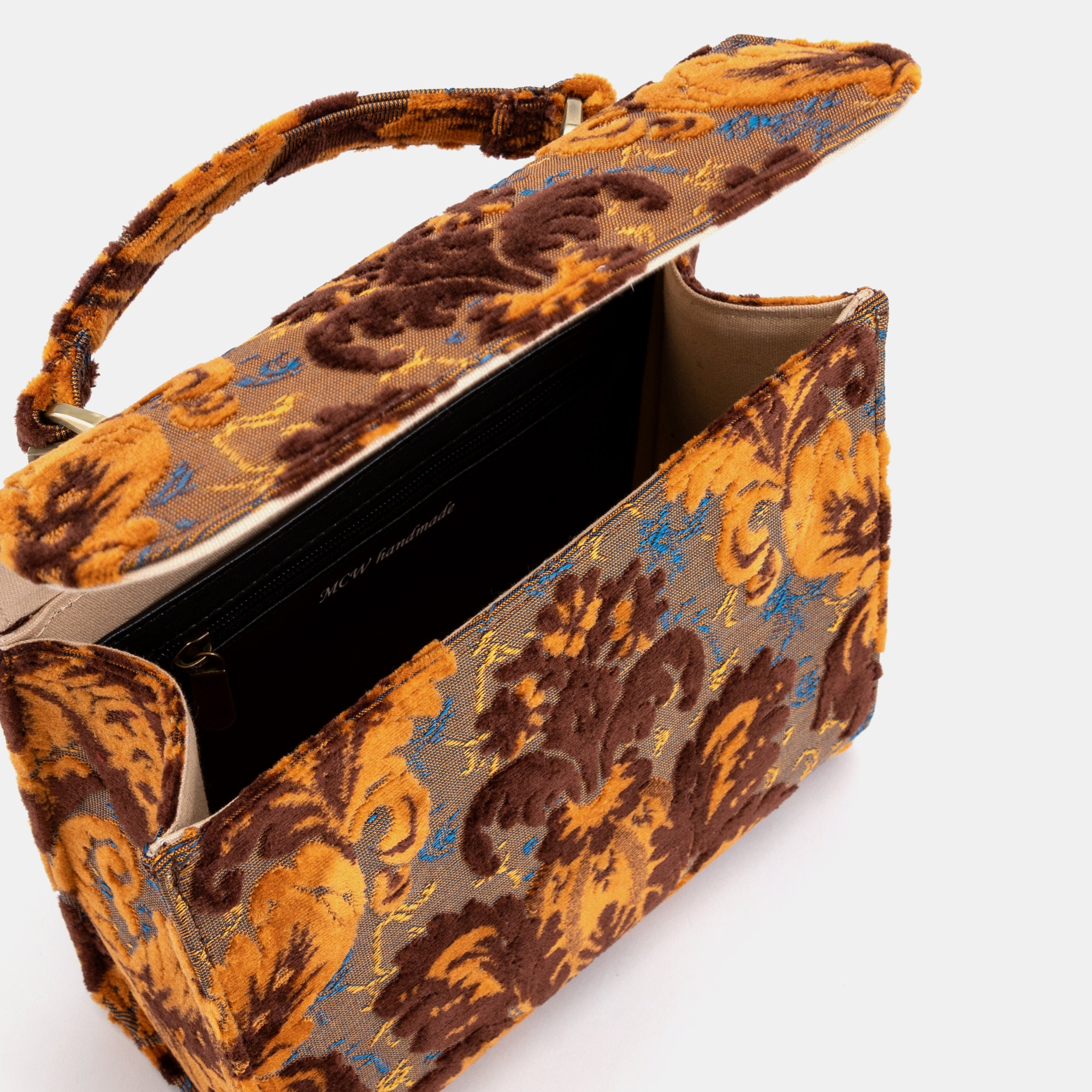 Burnout Velvet Revival Sienna Flap Satchel Carpetbag of America opening