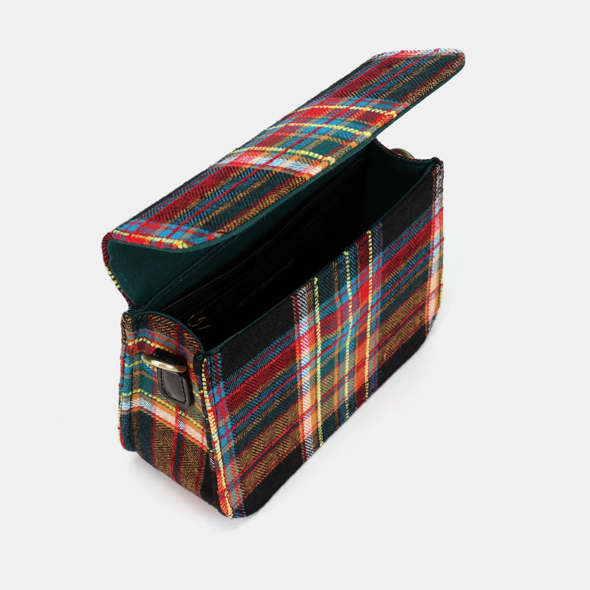 Tartan Stewart Black Flap Crossbody Bag Carpetbag of America open