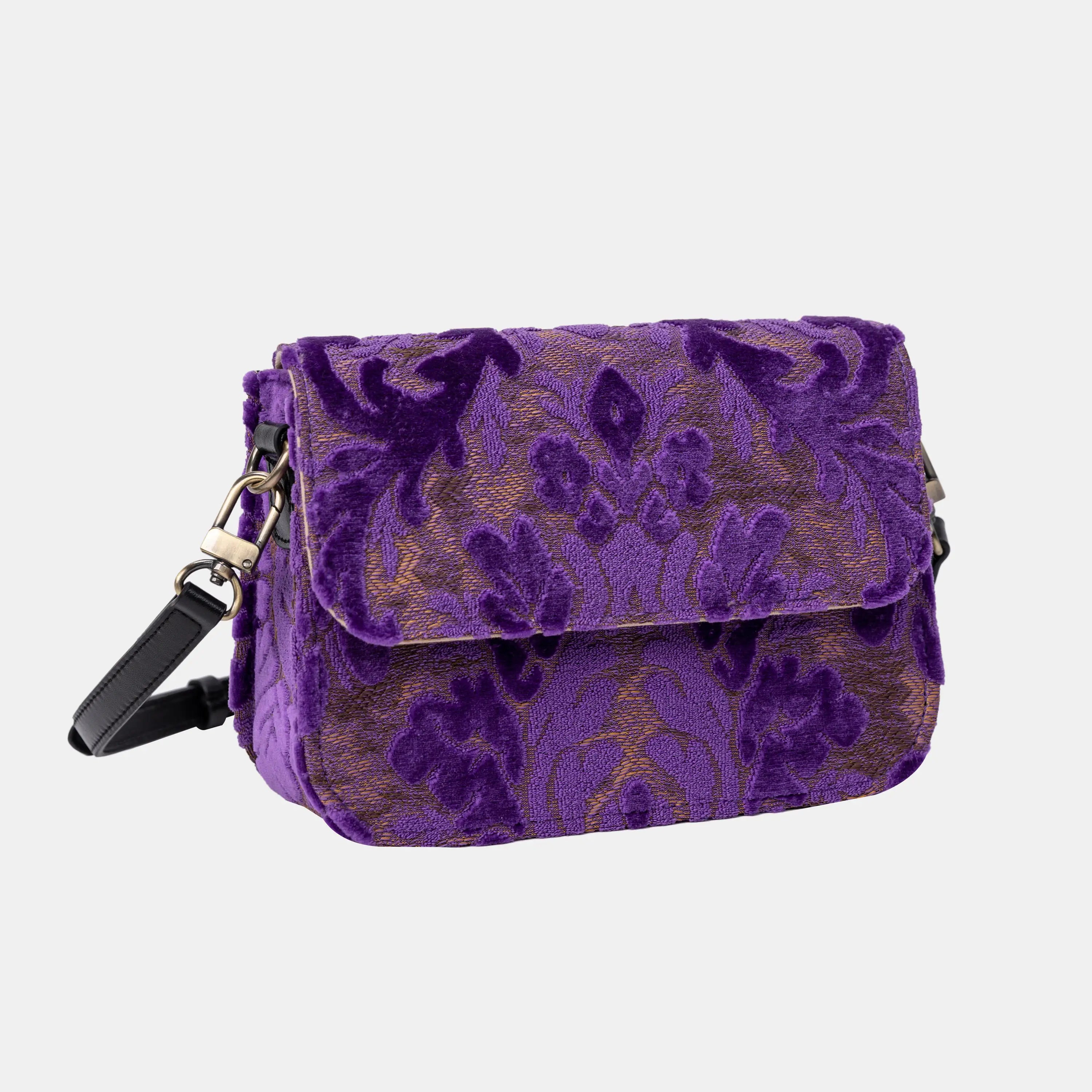 Burnout Velvet Purple Flap Crossbody Bag carpet bag of America front