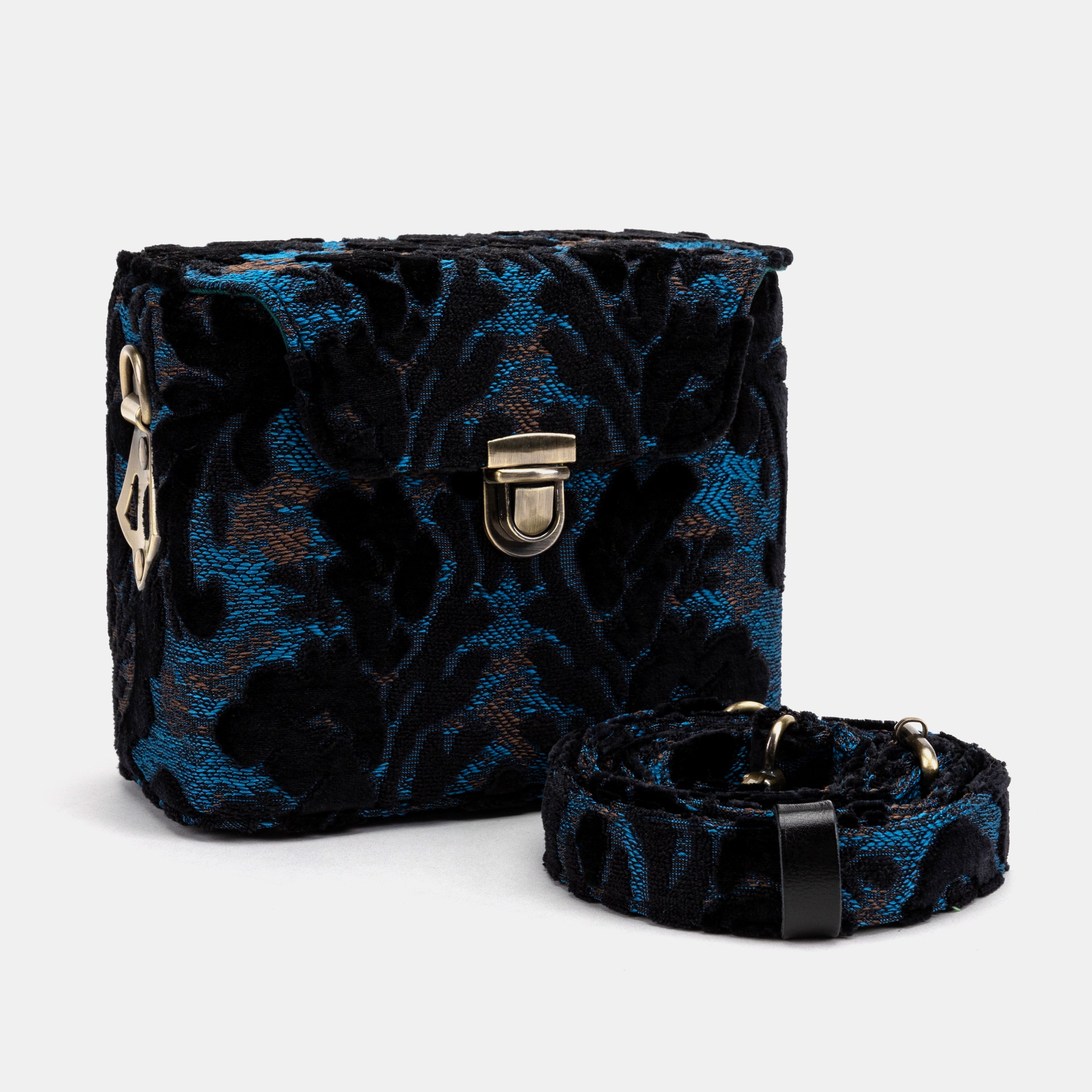 Burnout Velvet Black Emma Small Train Case Crossbody of America with shoulder strap
