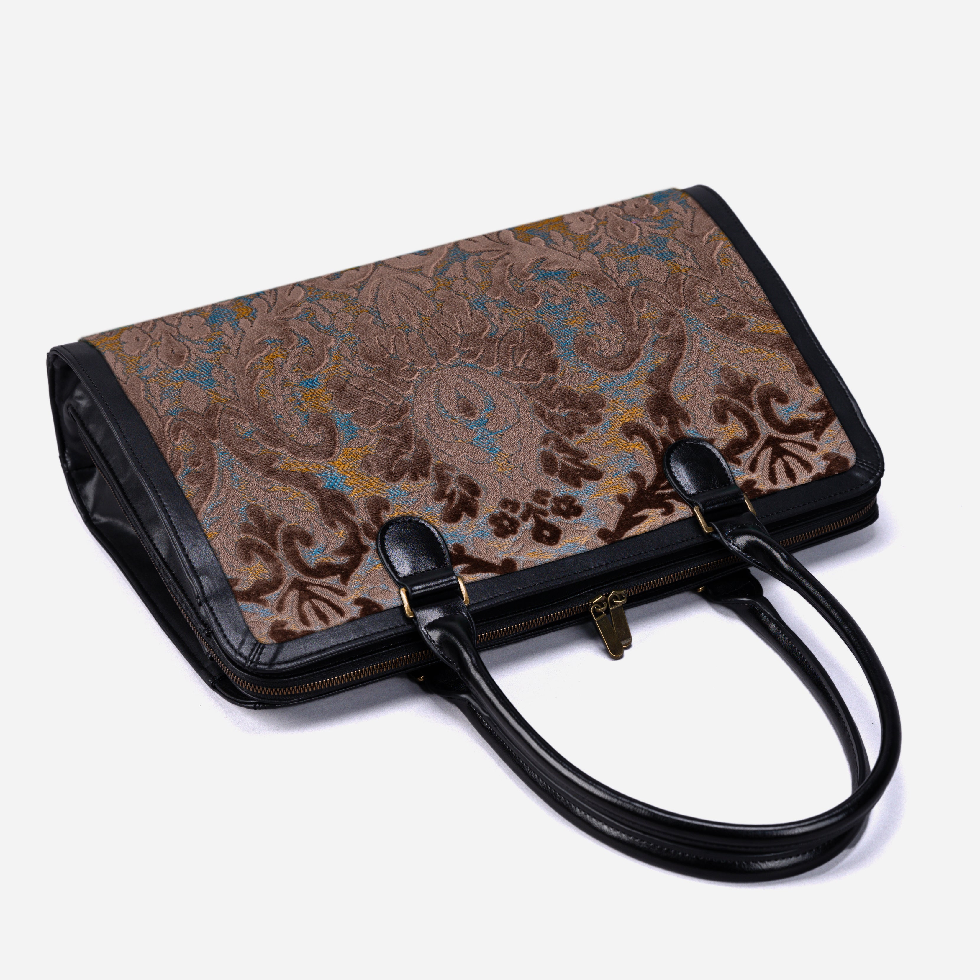 Burnout Velvet Camel Business Tote lay flat