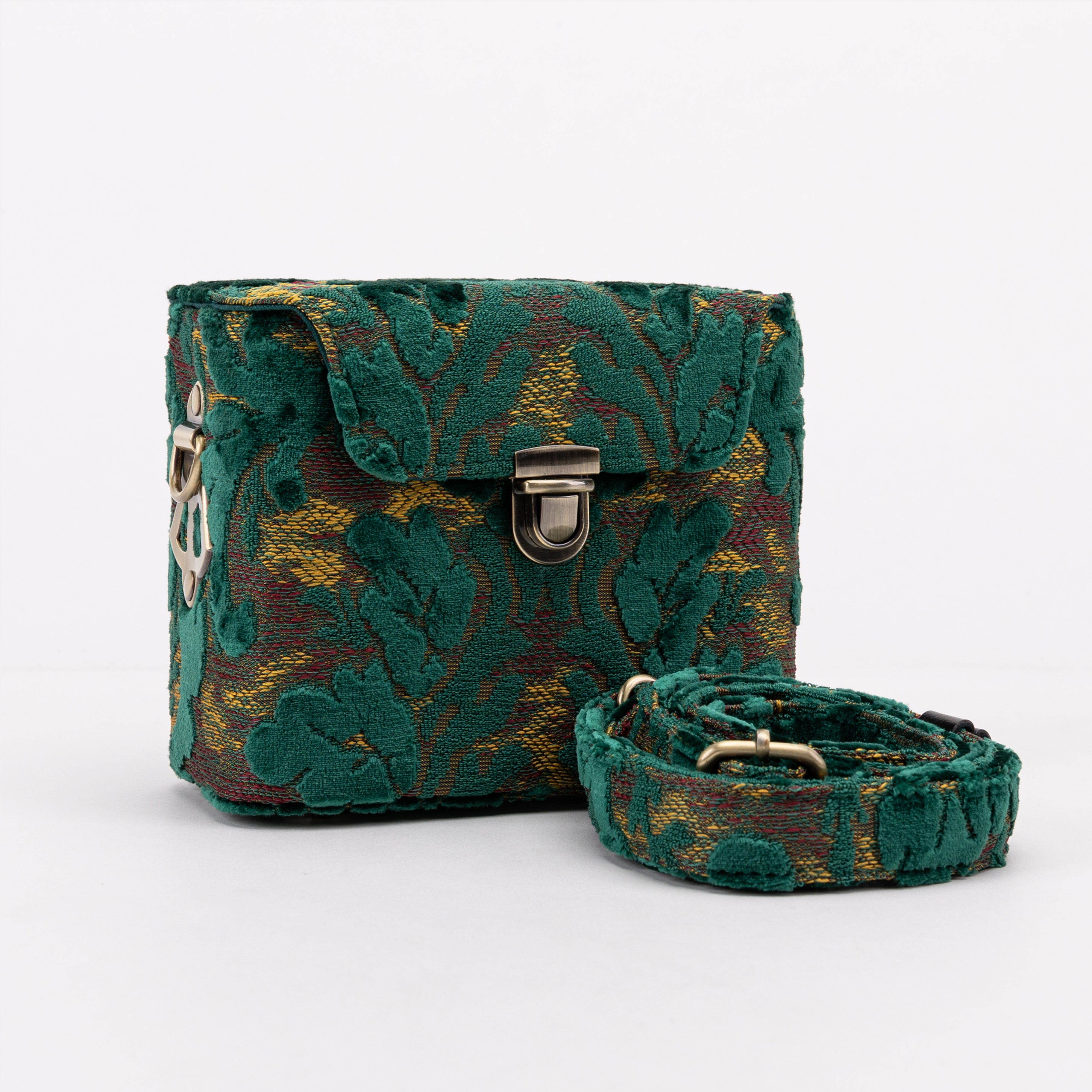 Burnout Velvet Jade Green Emma Small Train Case of America with shoulder strap