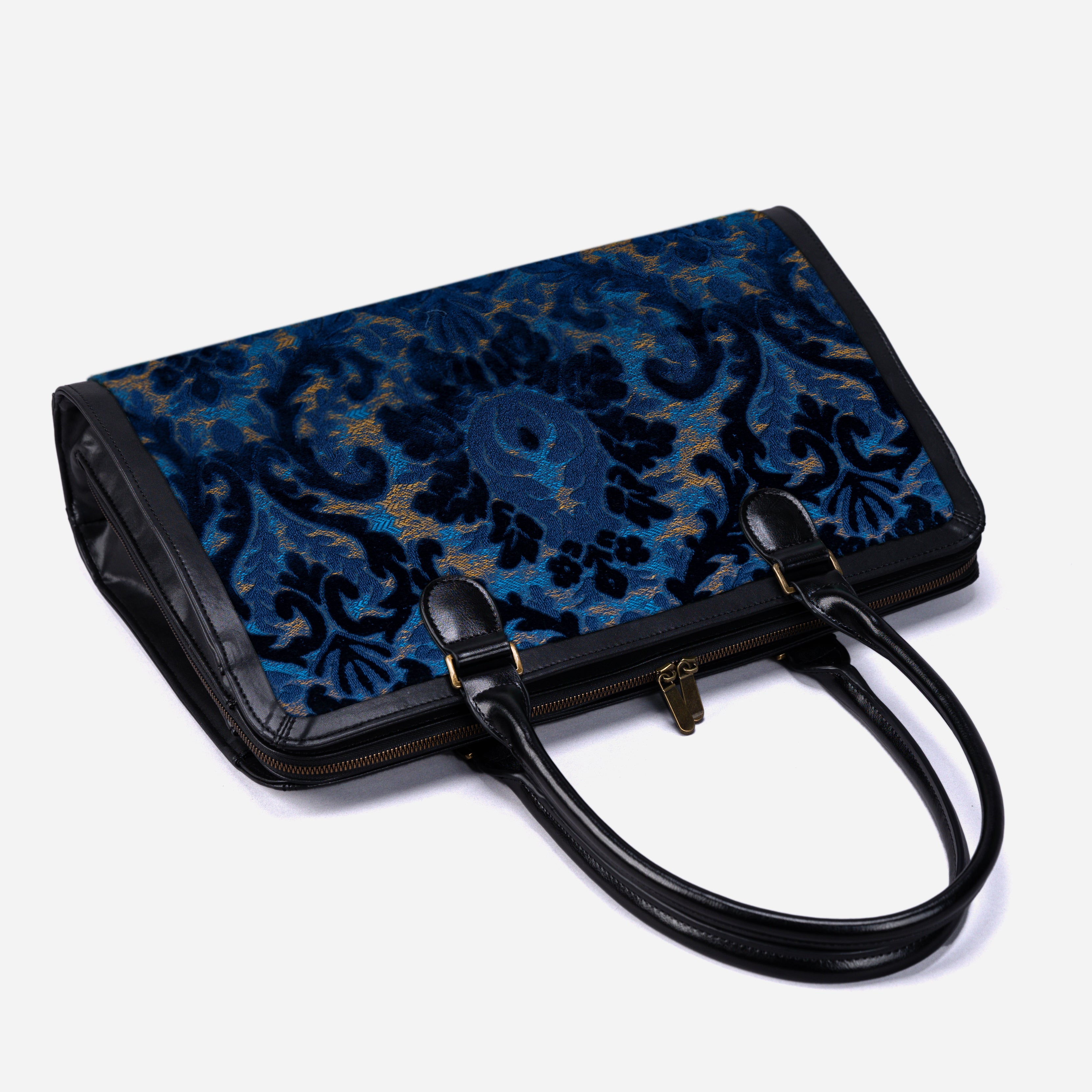 Burnout Velvet Navy Business Tote lay flat