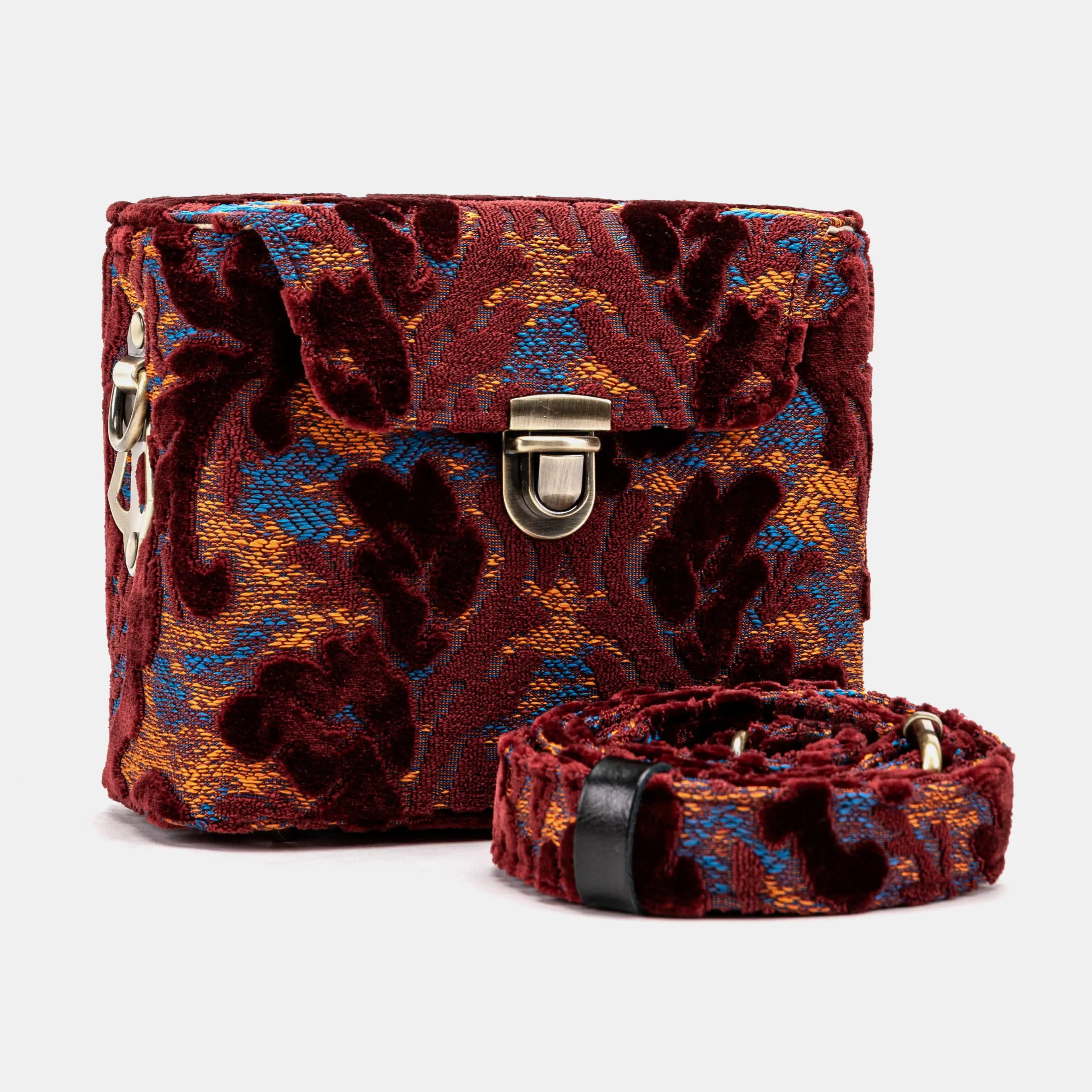 Burnout Velvet Wine Emma Small Train Case Crossbody with handle