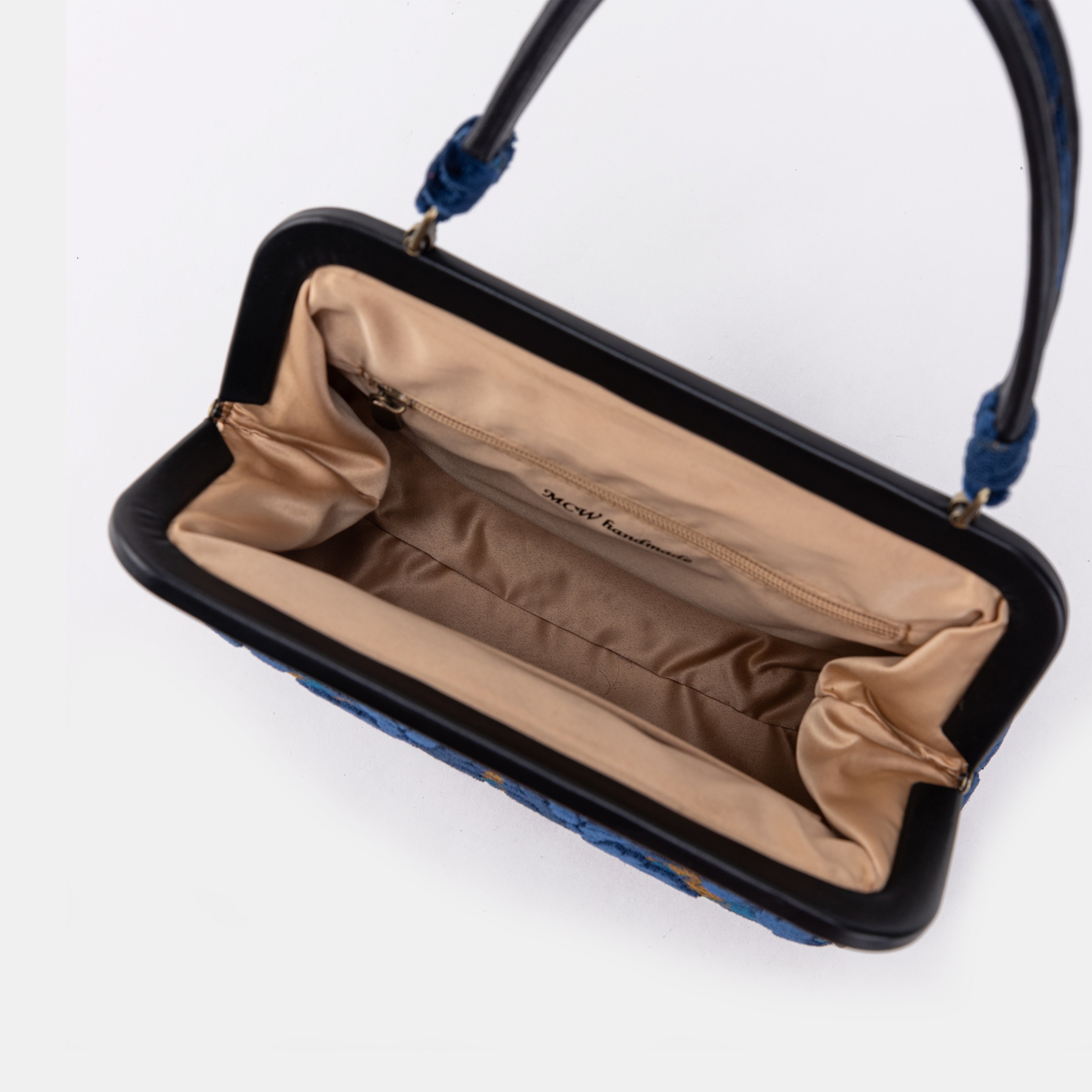 Burnout Velvet Navy Alma Satchel Carpet Bag inside