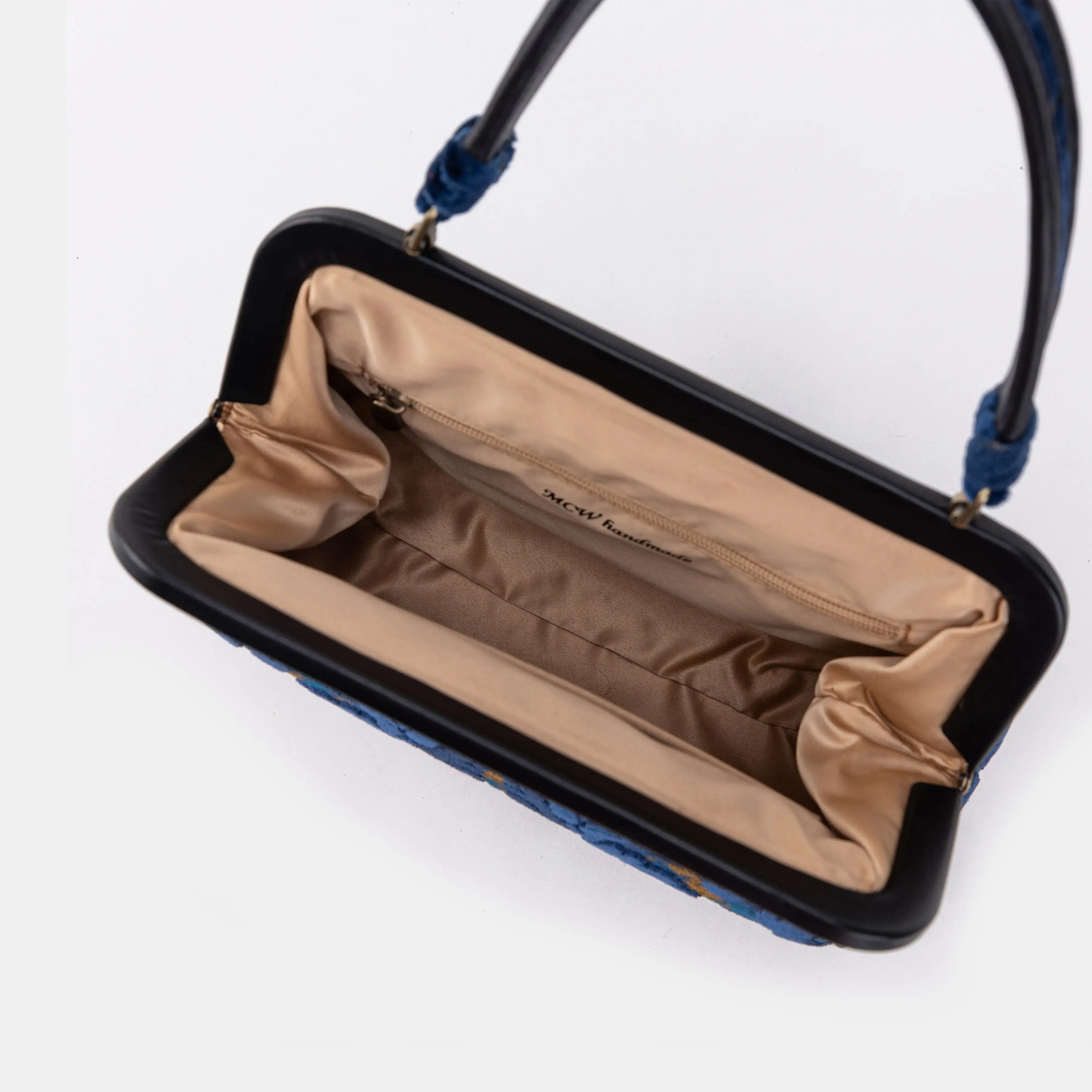 Burnout Velvet Navy Alma Satchel Carpet Bag inside