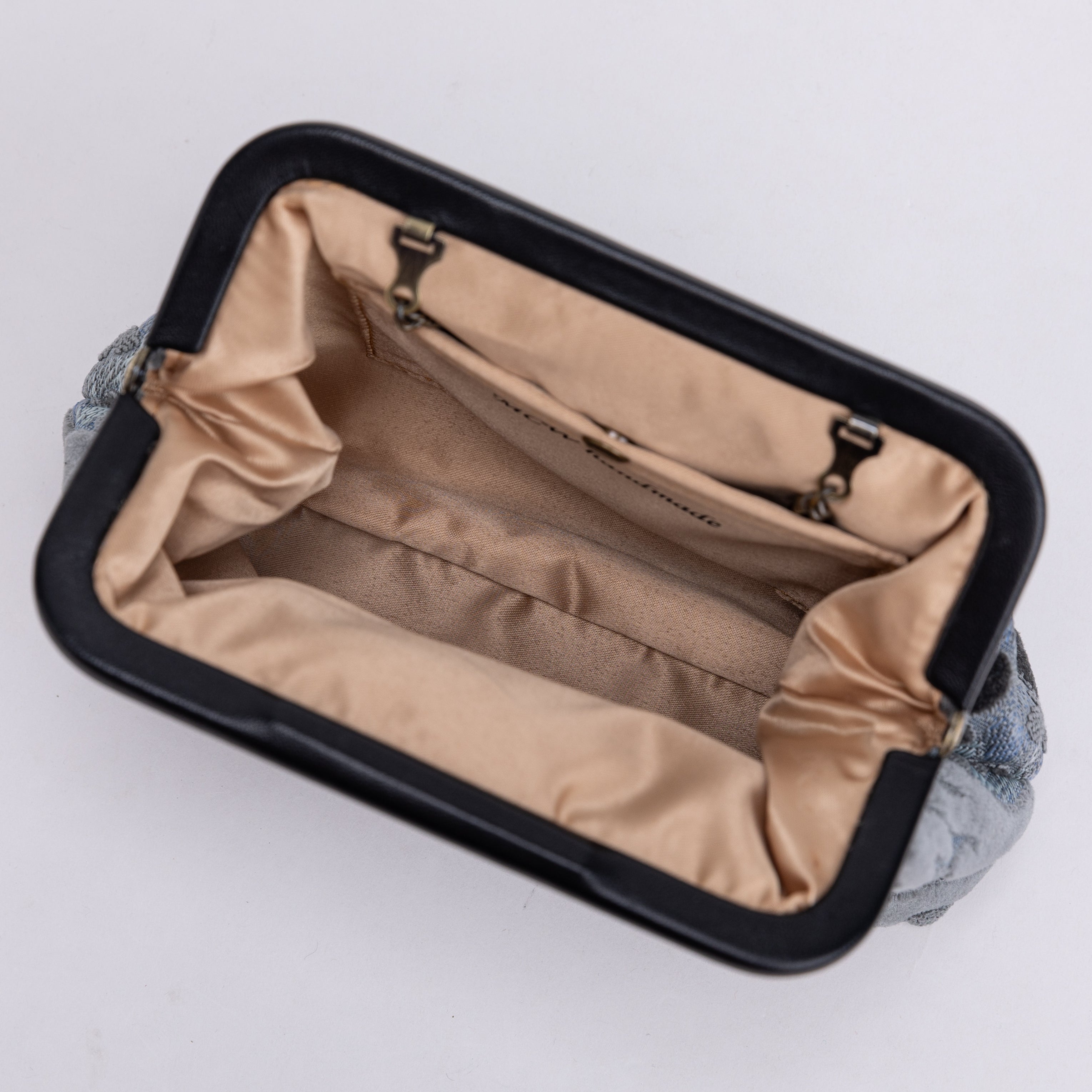 Burnout Velvet Steel Blue Alma Evening Clutch Carpet Bag of America inside