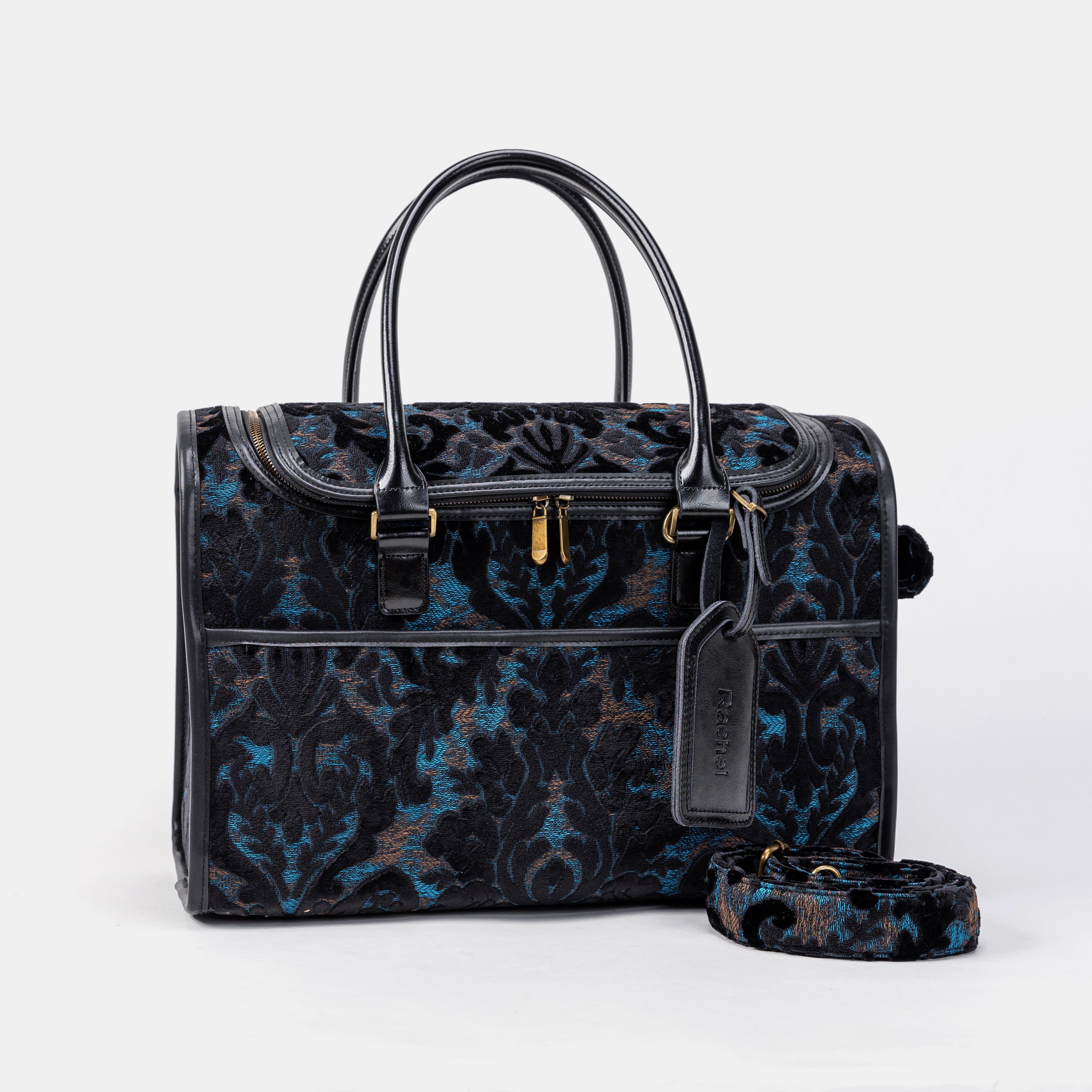 Travel Dog Carrier Bag  Burnout Velvet Black Shoulder Strap