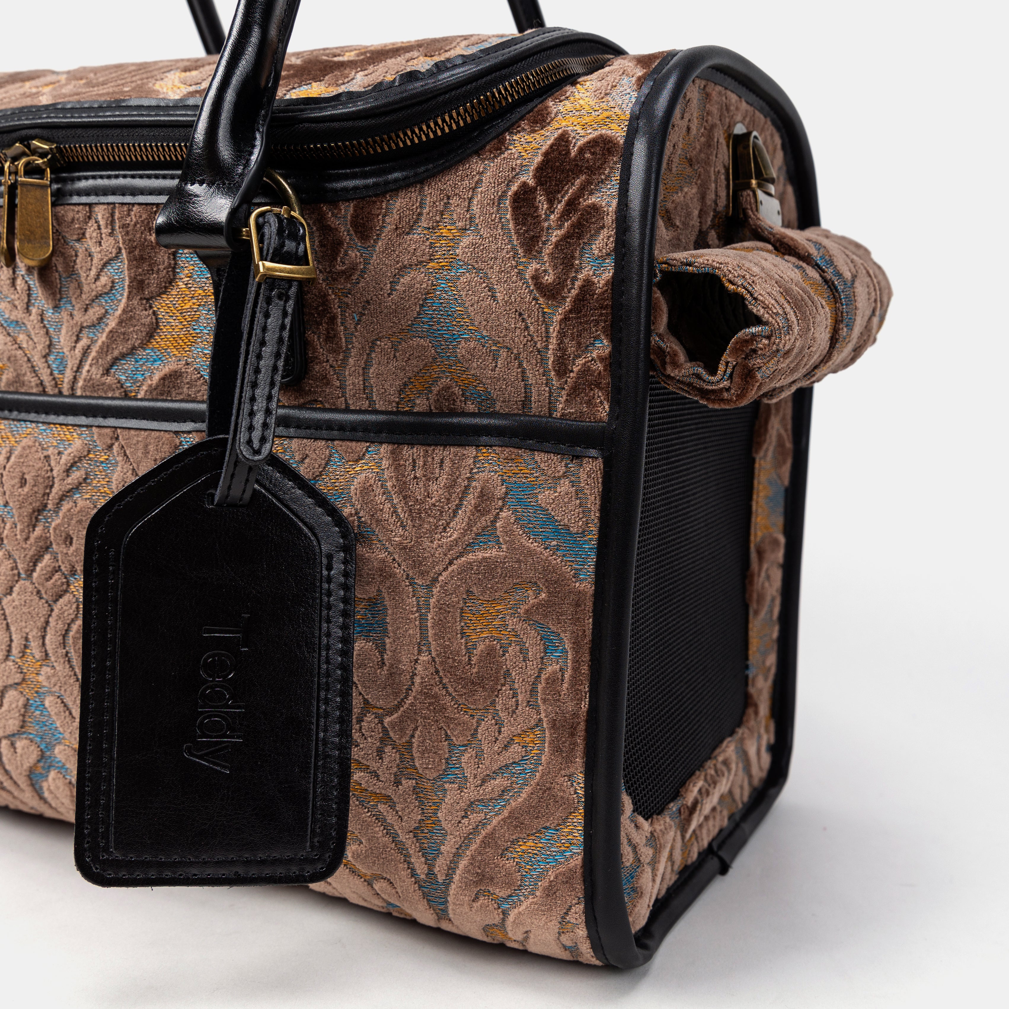Travel Dog Carrier Bag Burnout Velvet Camel Tag