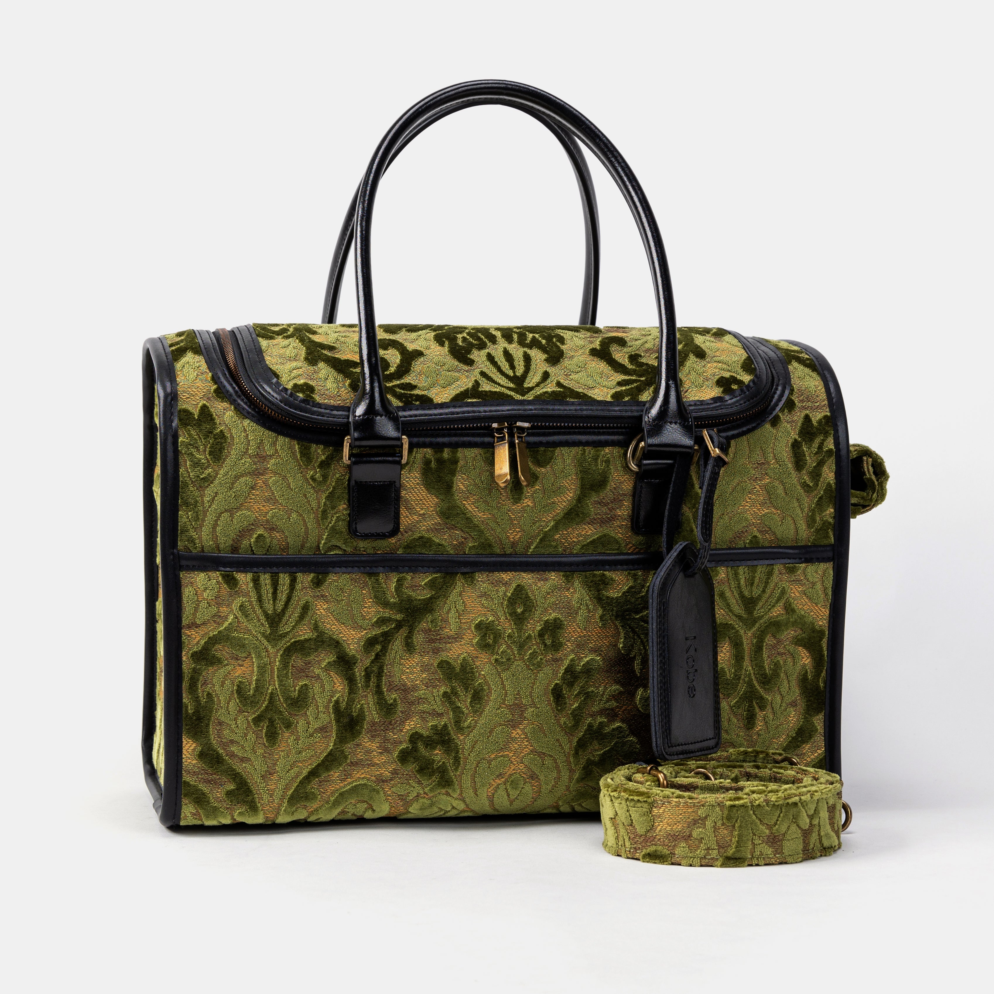 Travel Dog Carrier Bag Burnout Velvet Fern Green Shoulder Strap