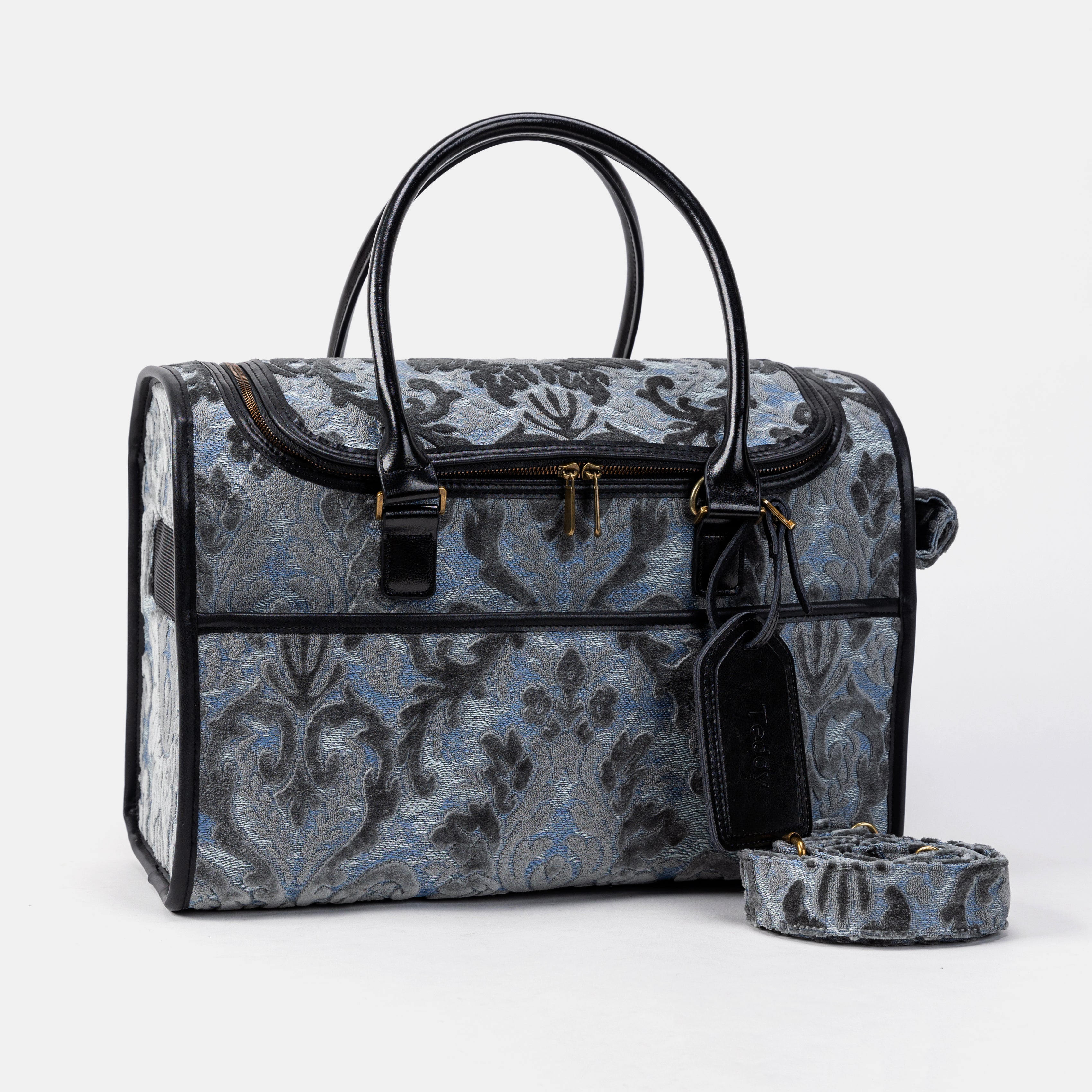 Travel Dog Carrier Bag Burnout Velvet Steel Blue Shoulder Strap