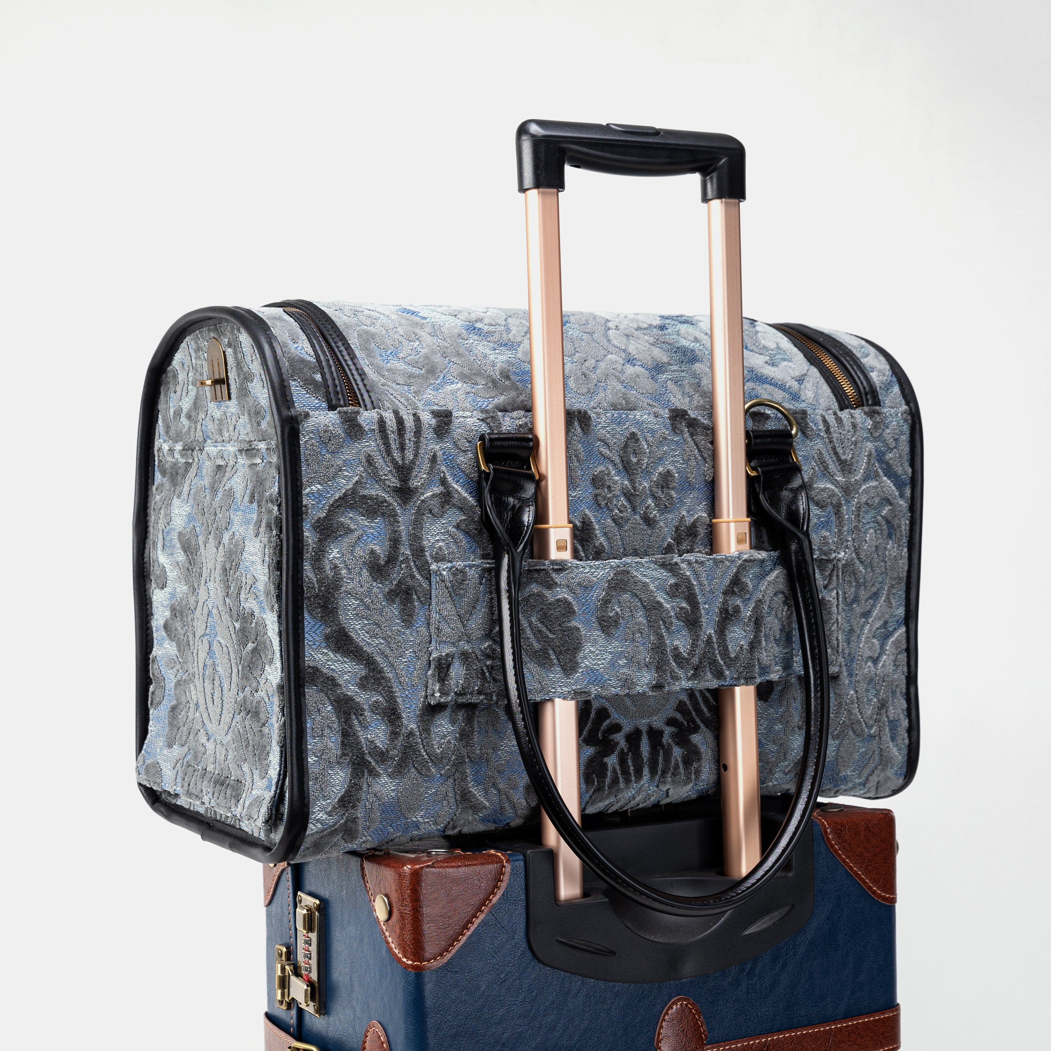 Travel Dog Carrier Bag Burnout Velvet Steel Blue Luggage Holder