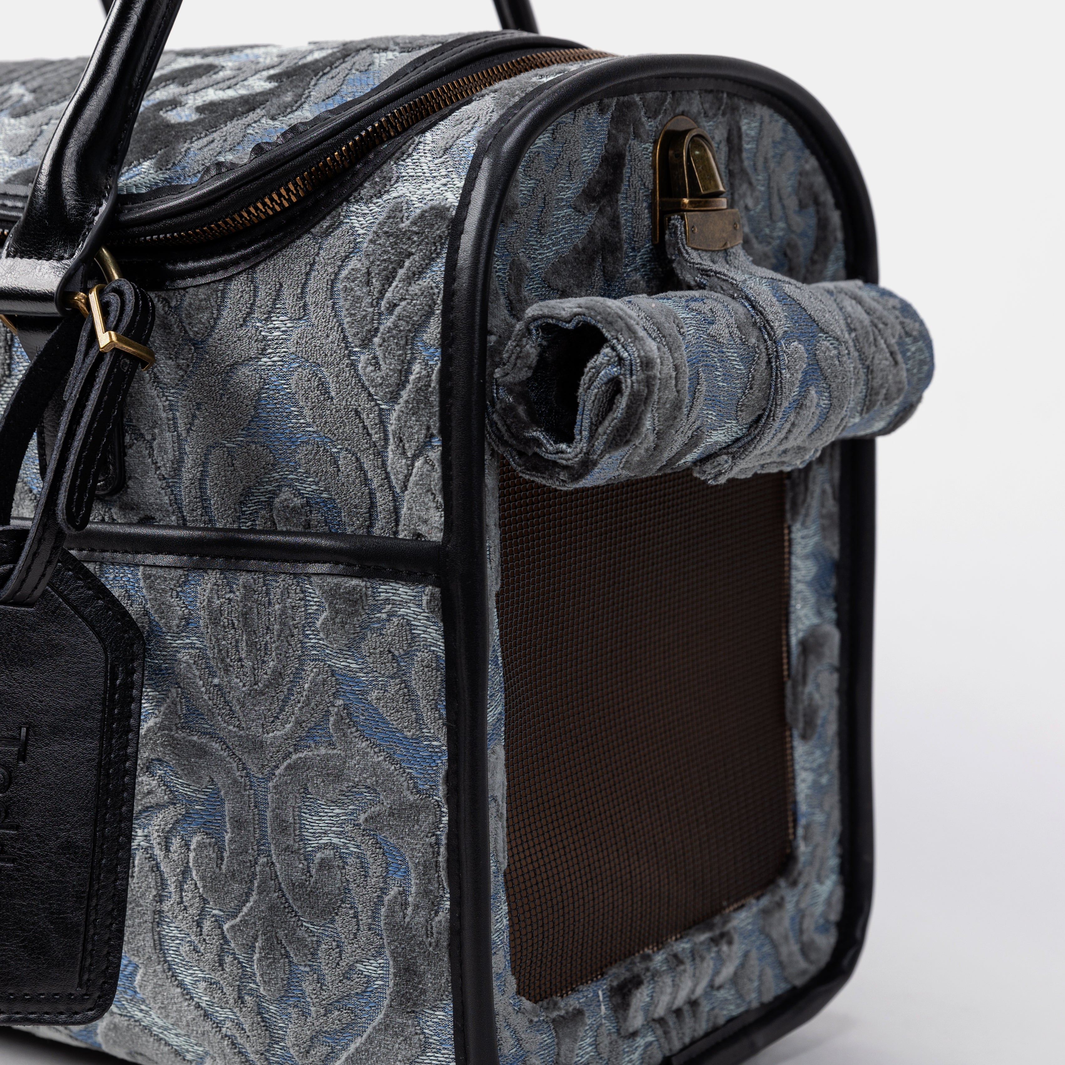 Travel Dog Carrier Bag Burnout Velvet Steel Blue Tag