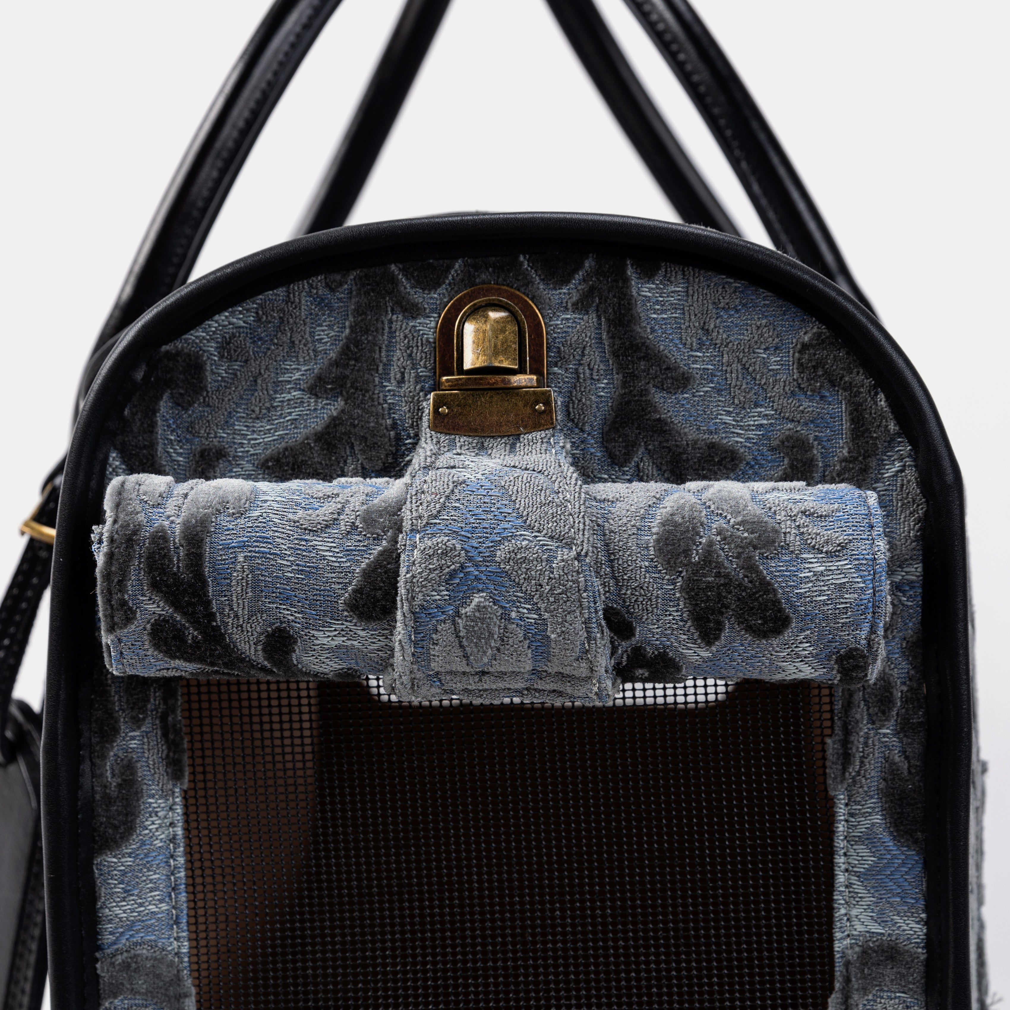 Travel Dog Carrier Bag Burnout Velvet Steel Blue Roll Up Flap