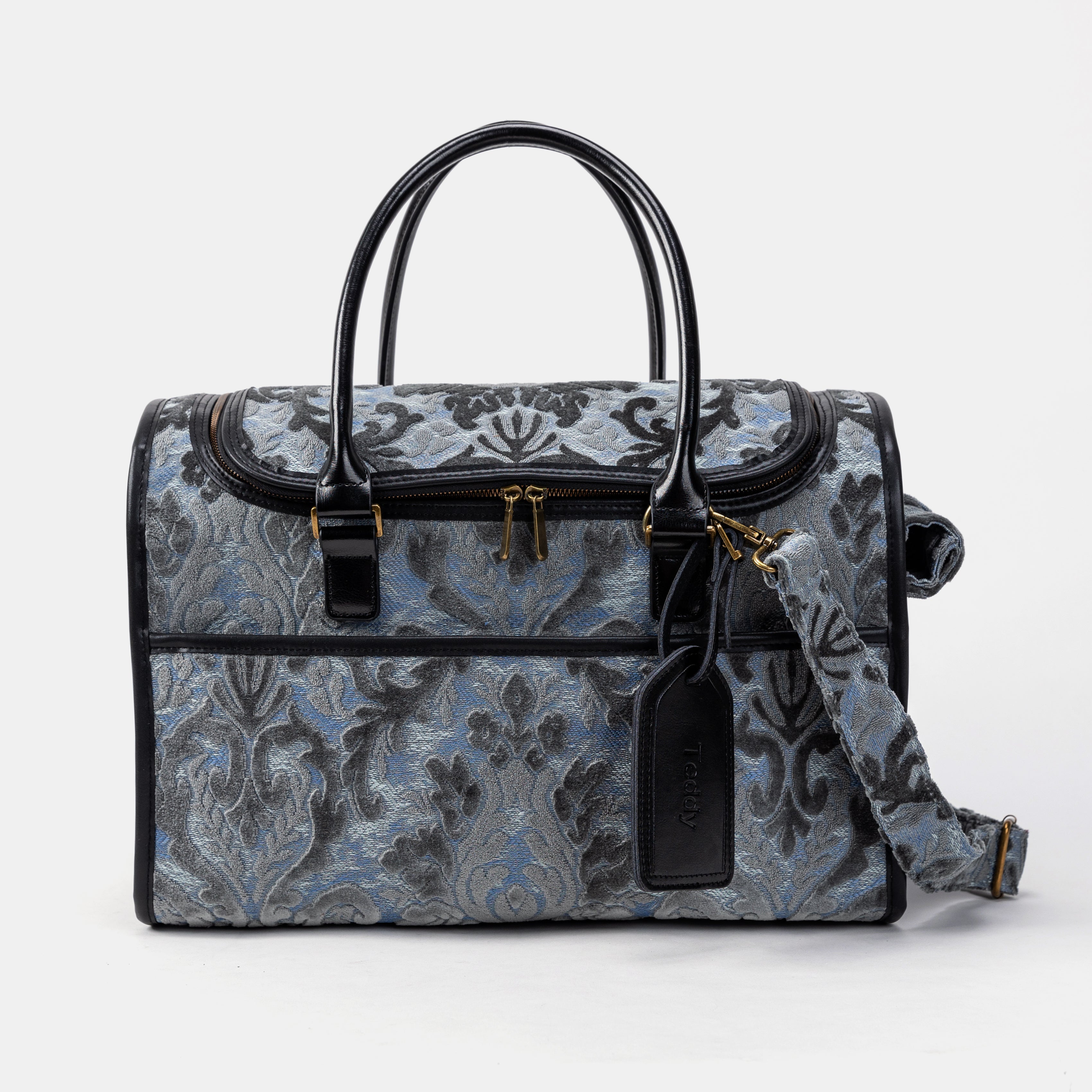 Travel Dog Carrier Bag Burnout Velvet Steel Blue Front