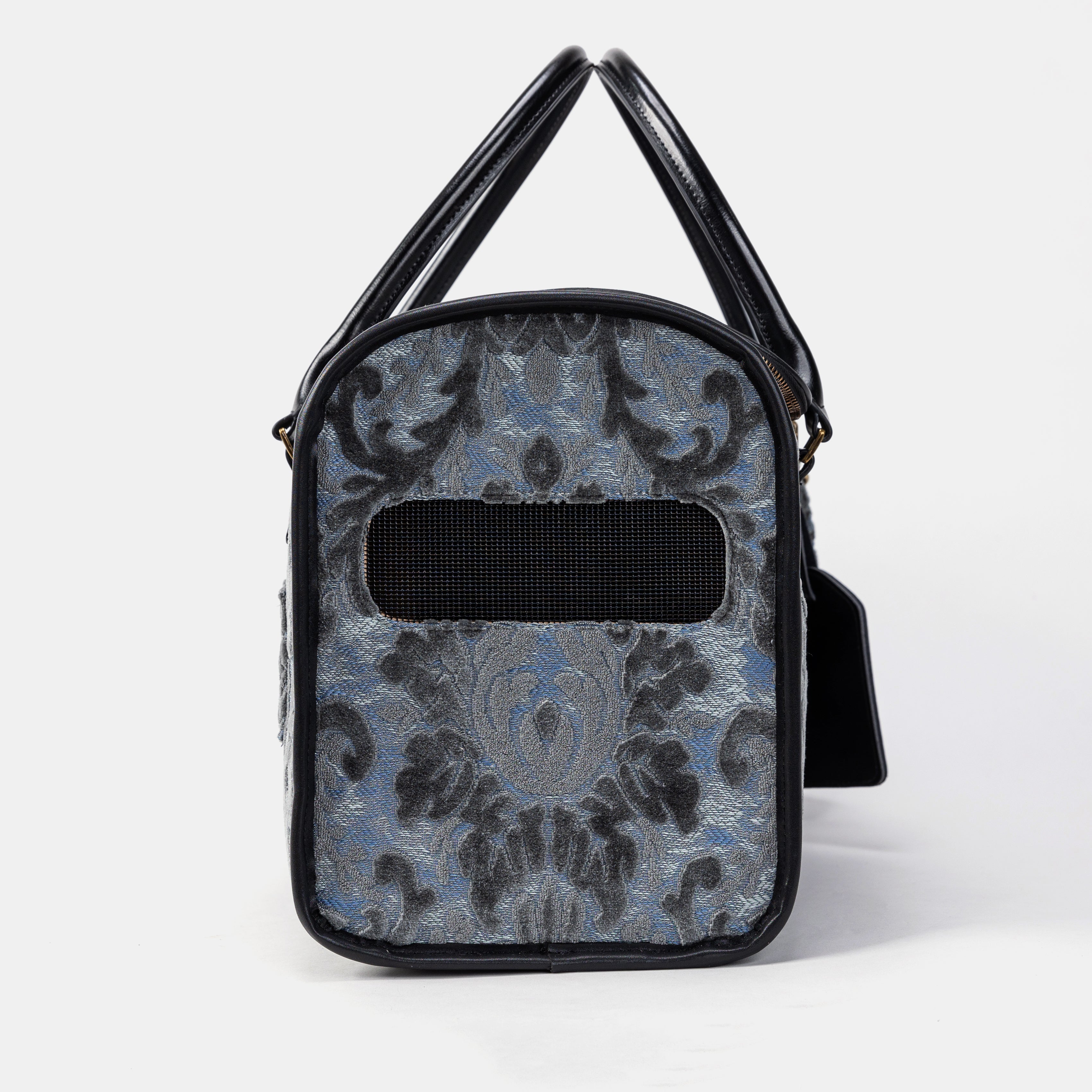 Travel Dog Carrier Bag Burnout Velvet Steel Blue Side Mesh