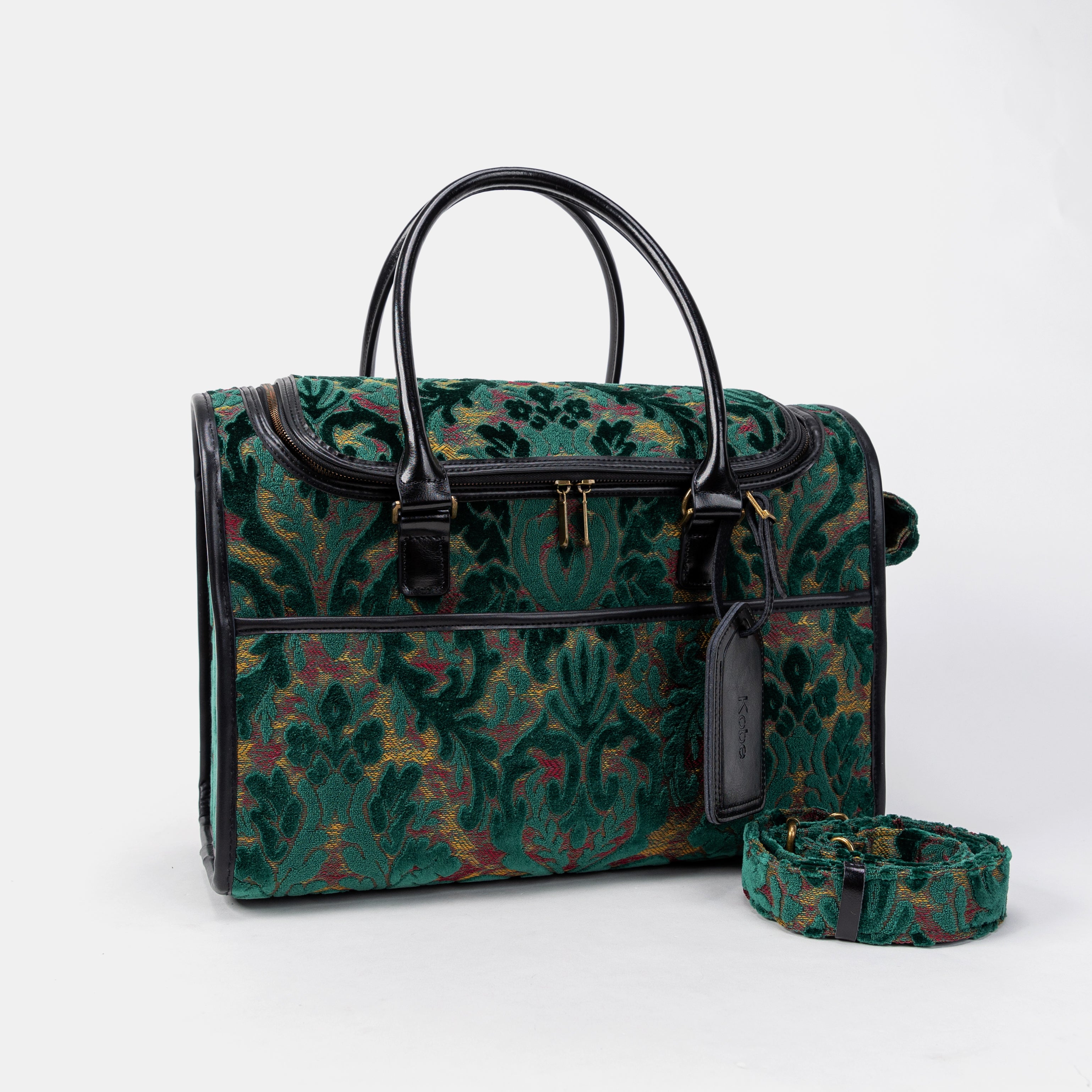 Travel Dog Carrier Bag Burnout Velvet Jade Green Shoulder strap