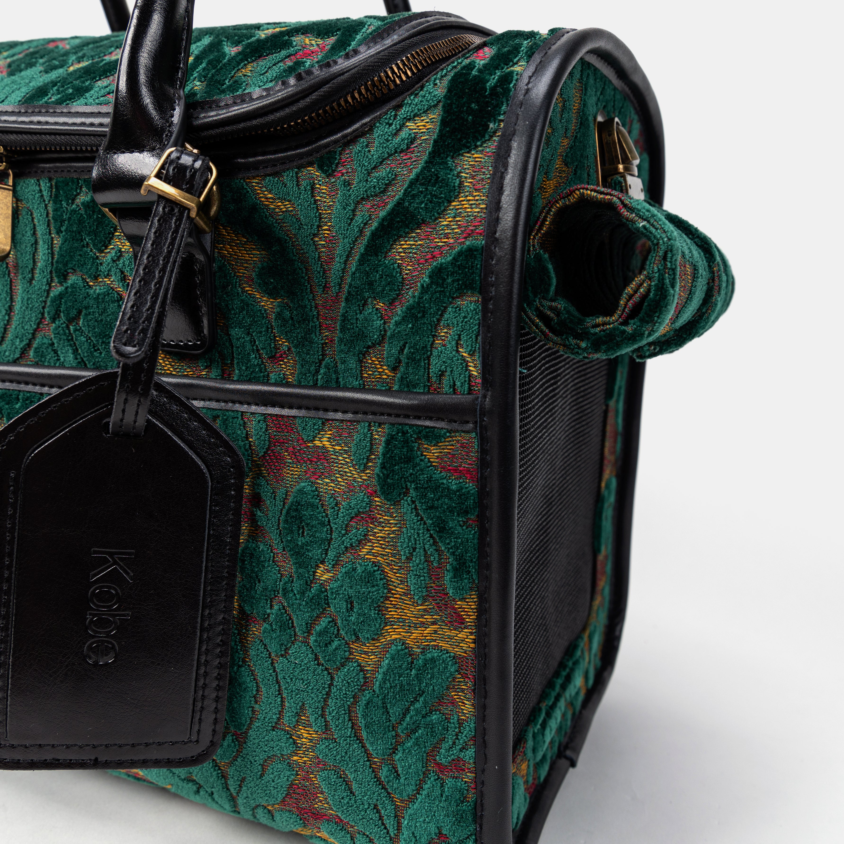 Travel Dog Carrier Bag Burnout Velvet Jade Green Side Mesh Window
