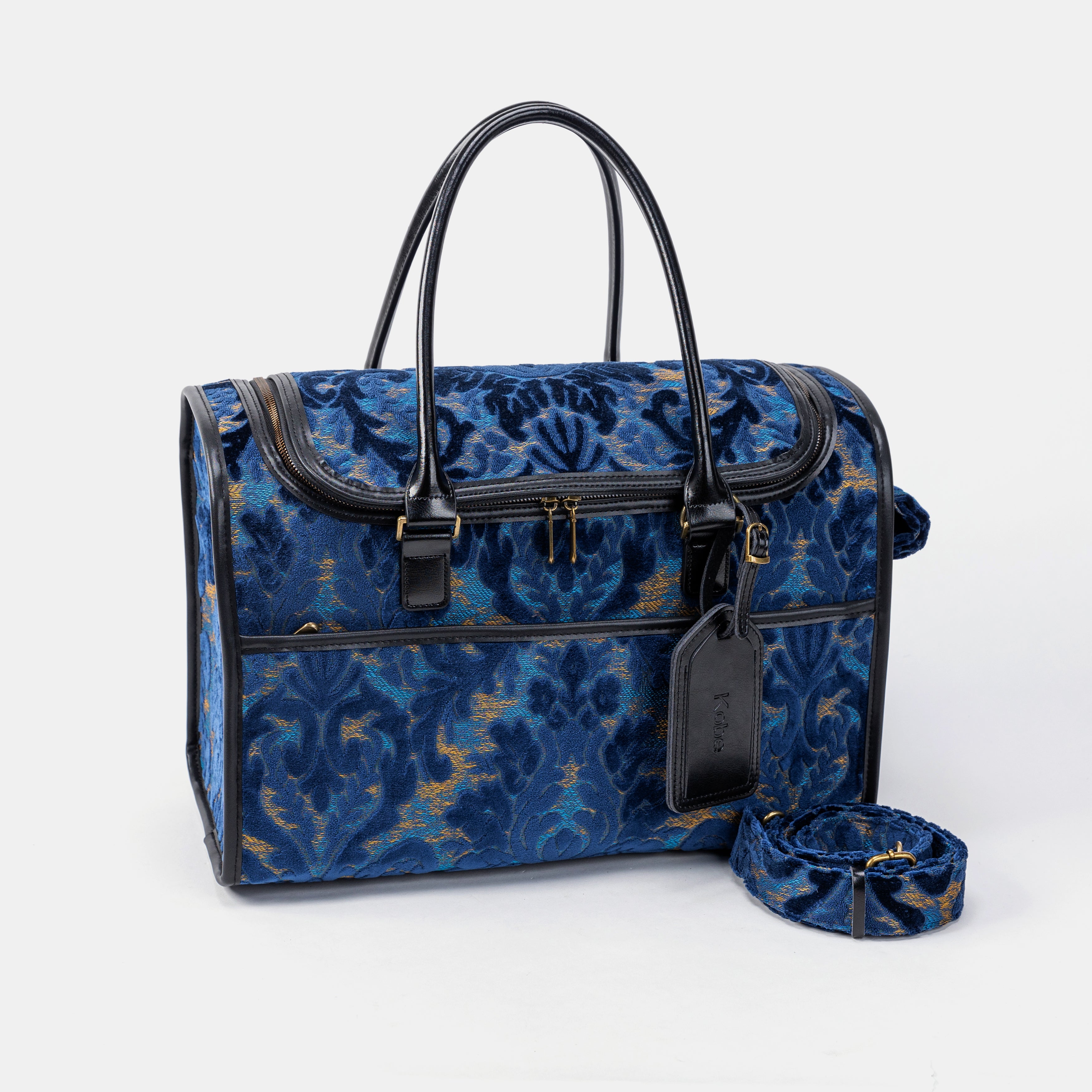 Travel Dog Carrier Bag Burnout Velvet Navy Shoulder Strap