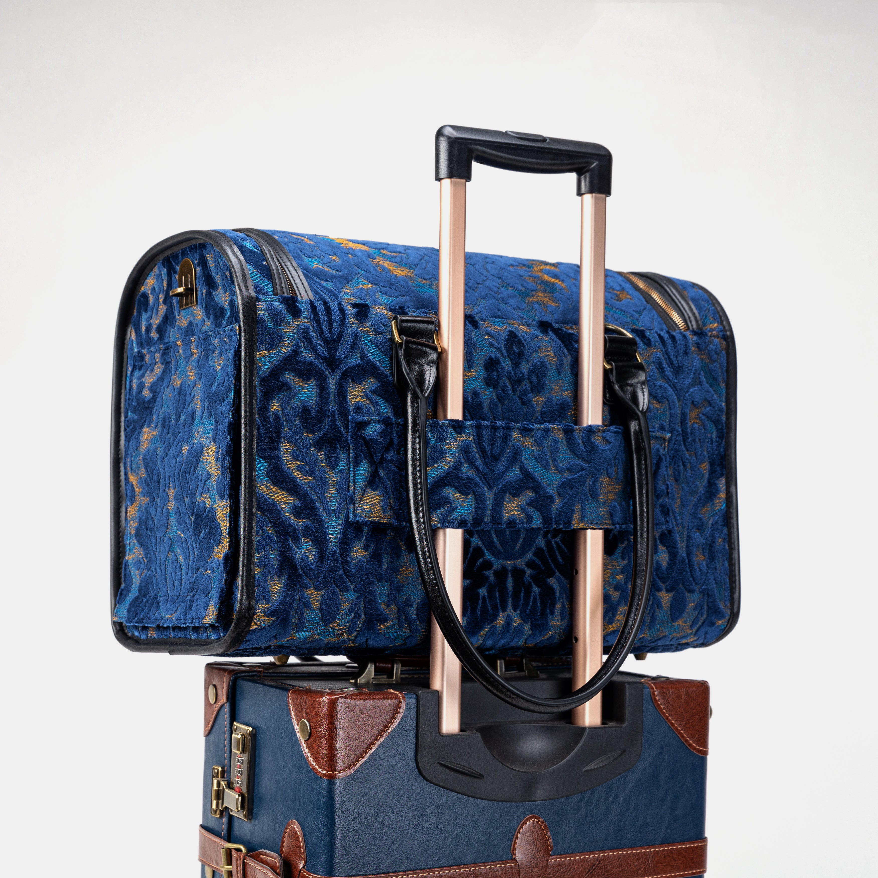 Travel Dog Carrier Bag Burnout Velvet Navy Luggage Holder