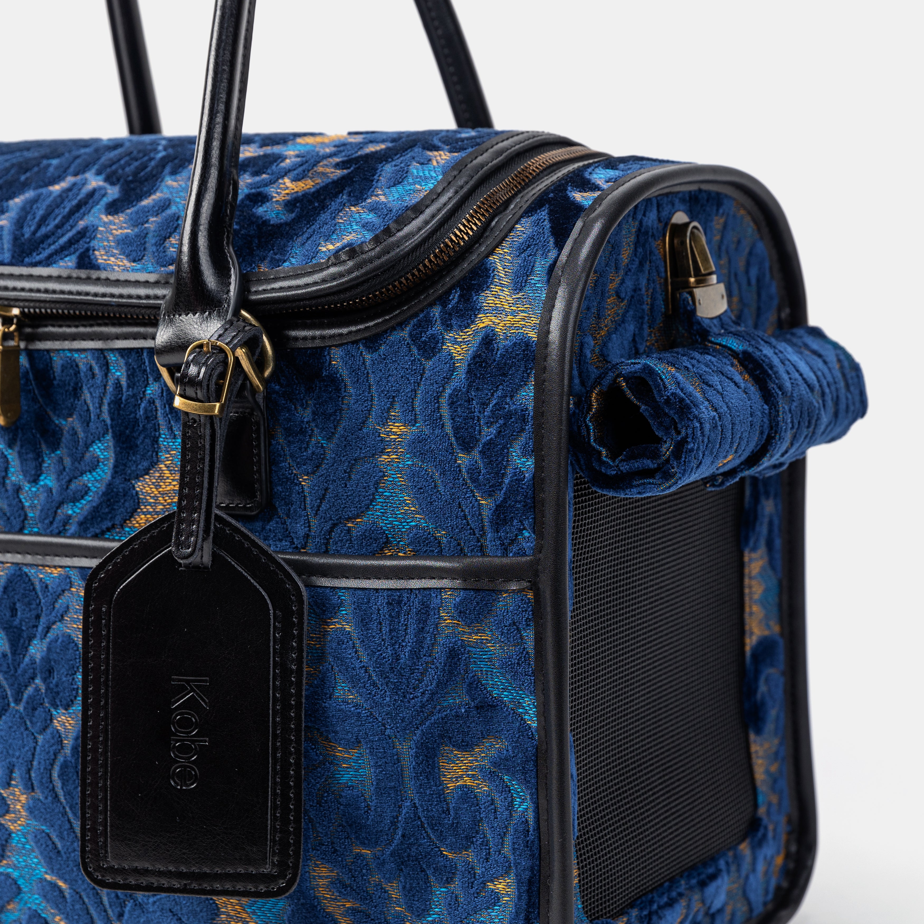 Travel Dog Carrier Bag Burnout Velvet Navy Tag