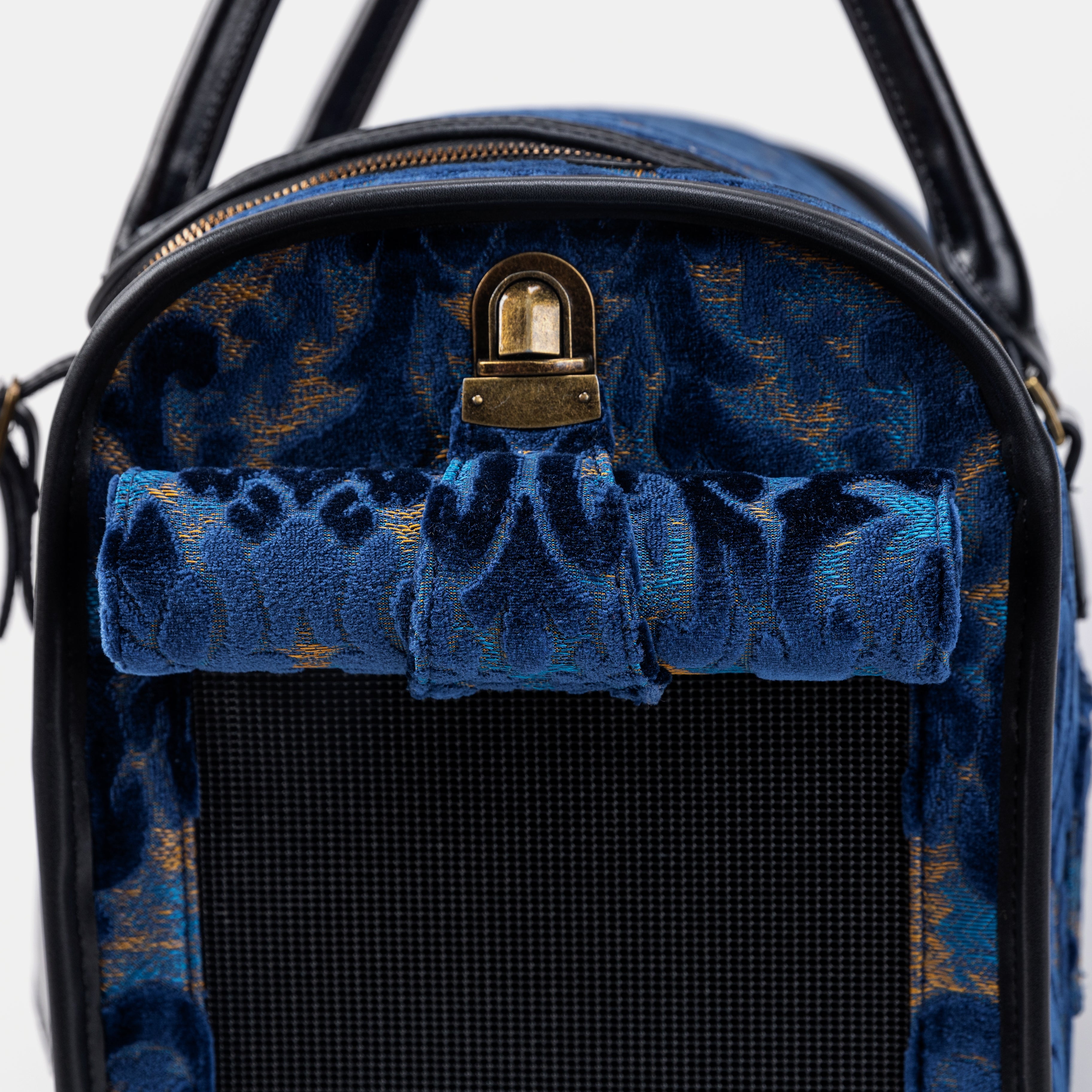 Travel Dog Carrier Bag Burnout Velvet Navy Roll Up Flap
