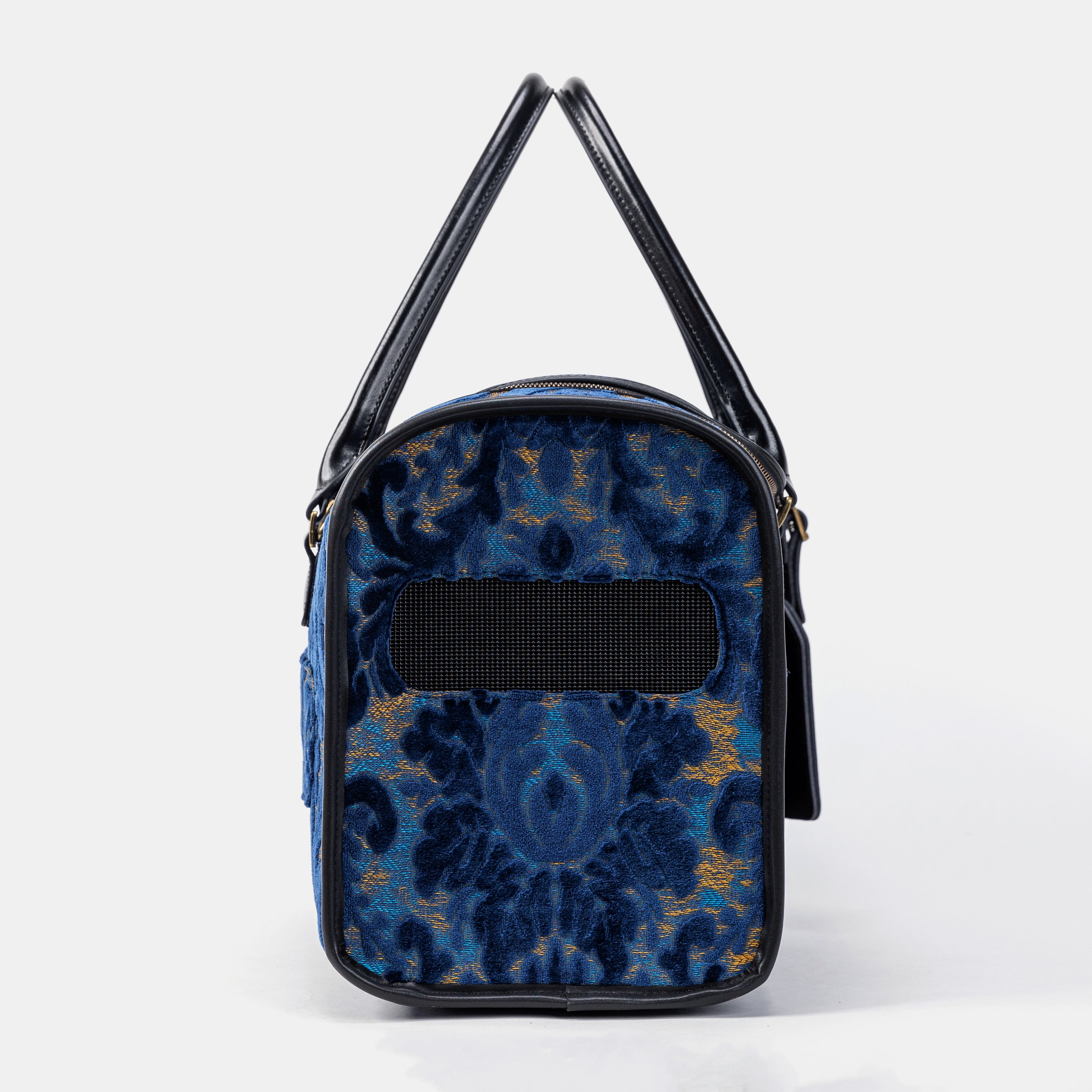 Travel Dog Carrier Bag Burnout Velvet Navy Side Mesh