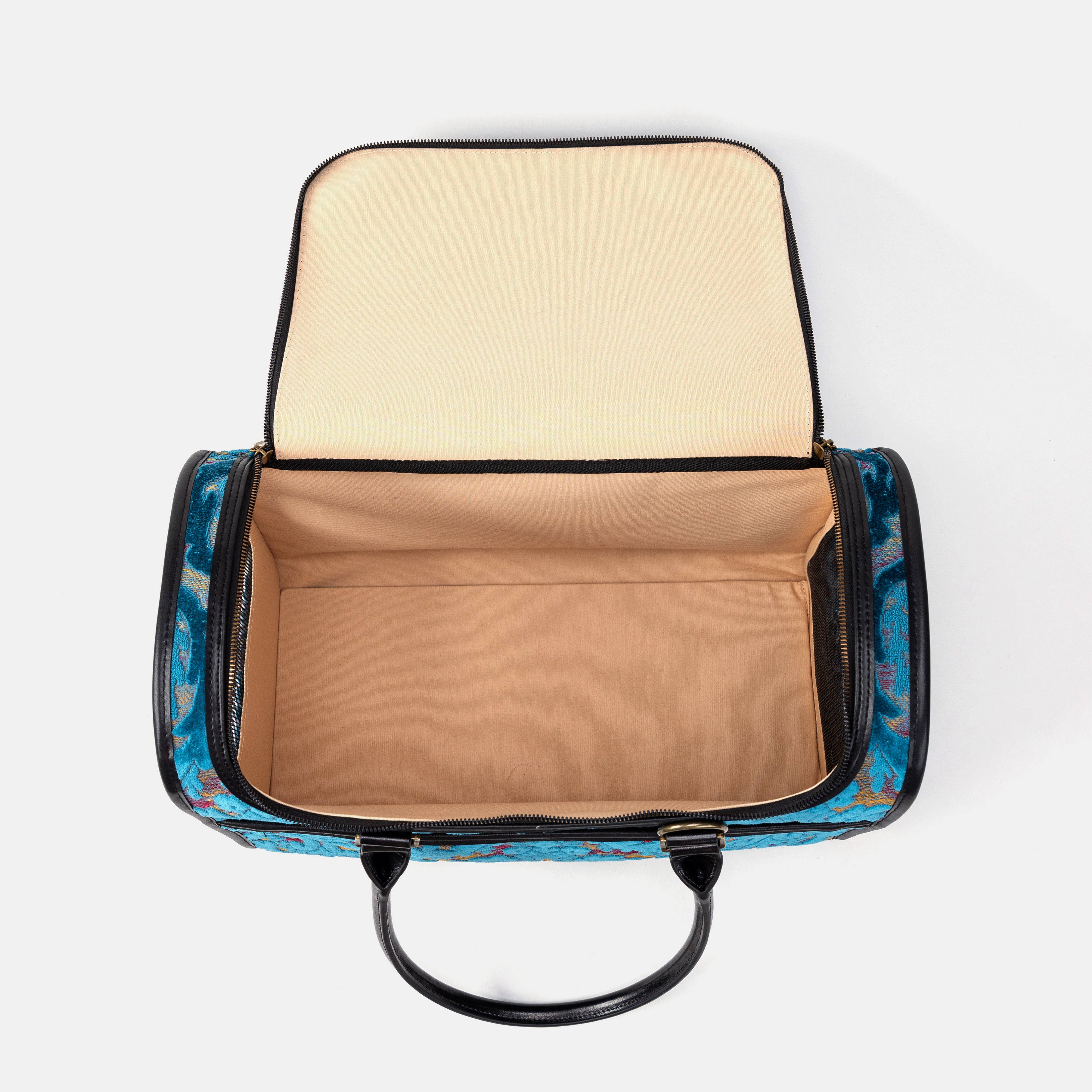 Travel Dog Carrier Bag Burnout Velvet Aqua Blue Inside