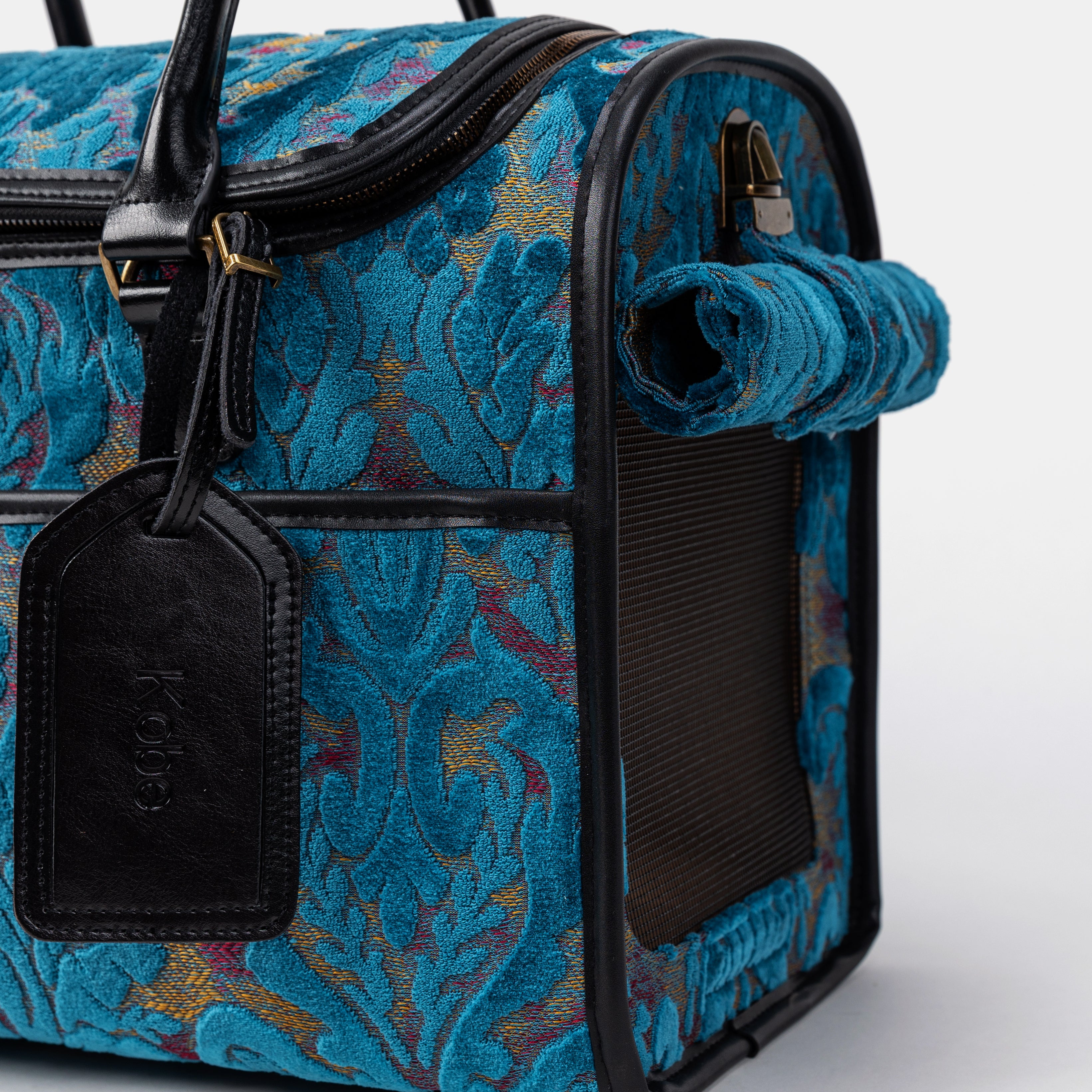 Travel Dog Carrier Bag Burnout Velvet Aqua Blue Tag