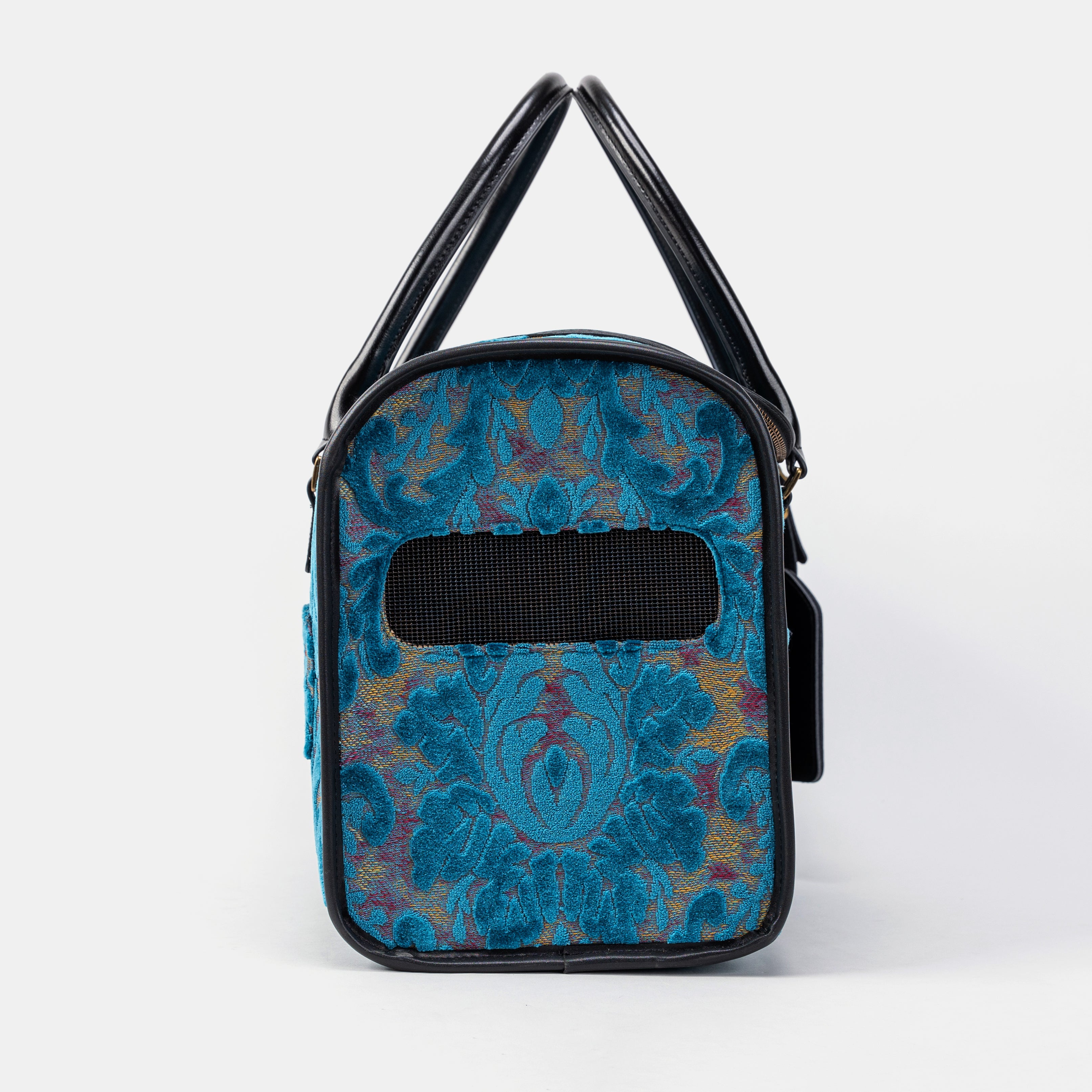 Travel Dog Carrier Bag Burnout Velvet Aqua Blue Side Mesh