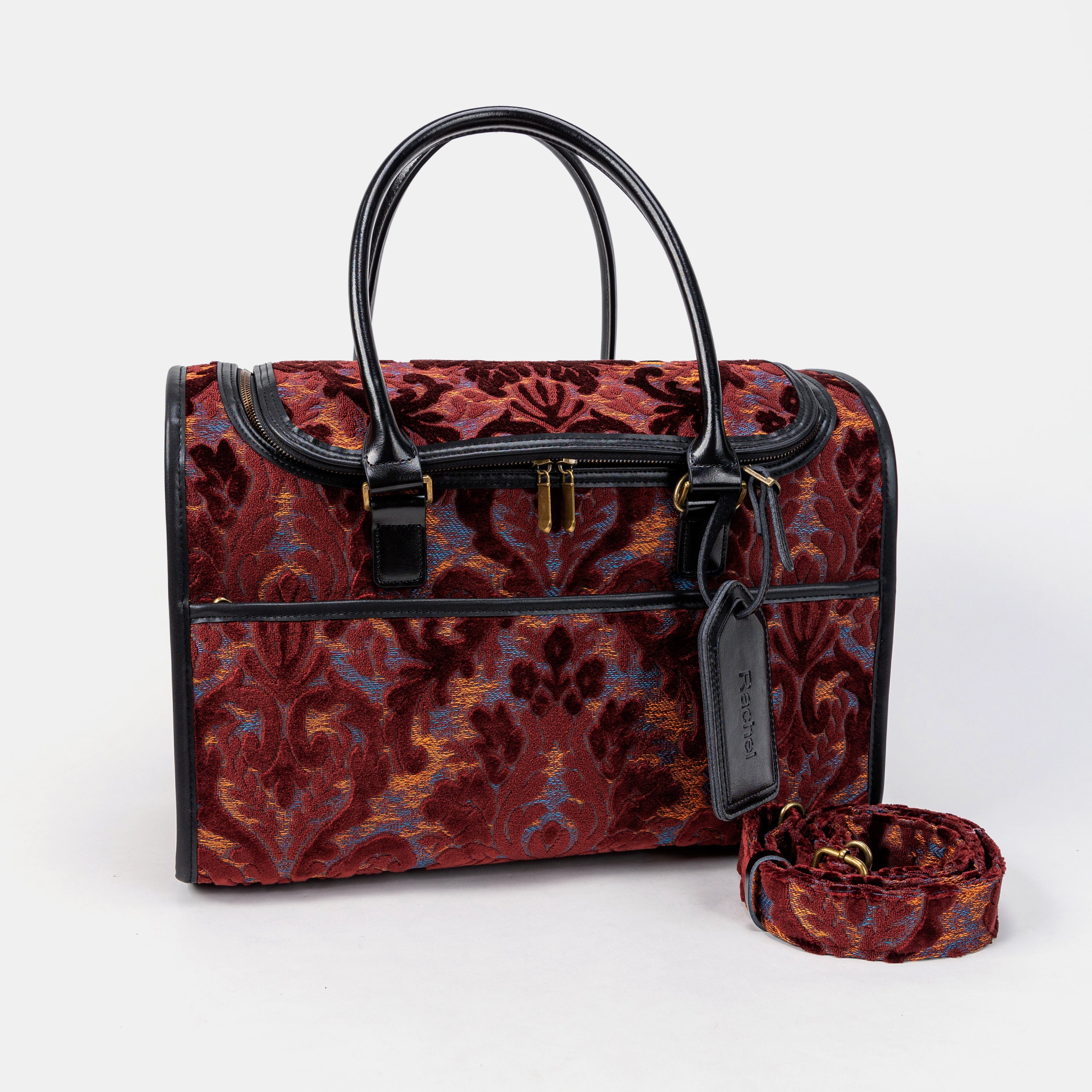 Travel Dog Carrier Bag Burnout Velvet Wine Shoulder Strap