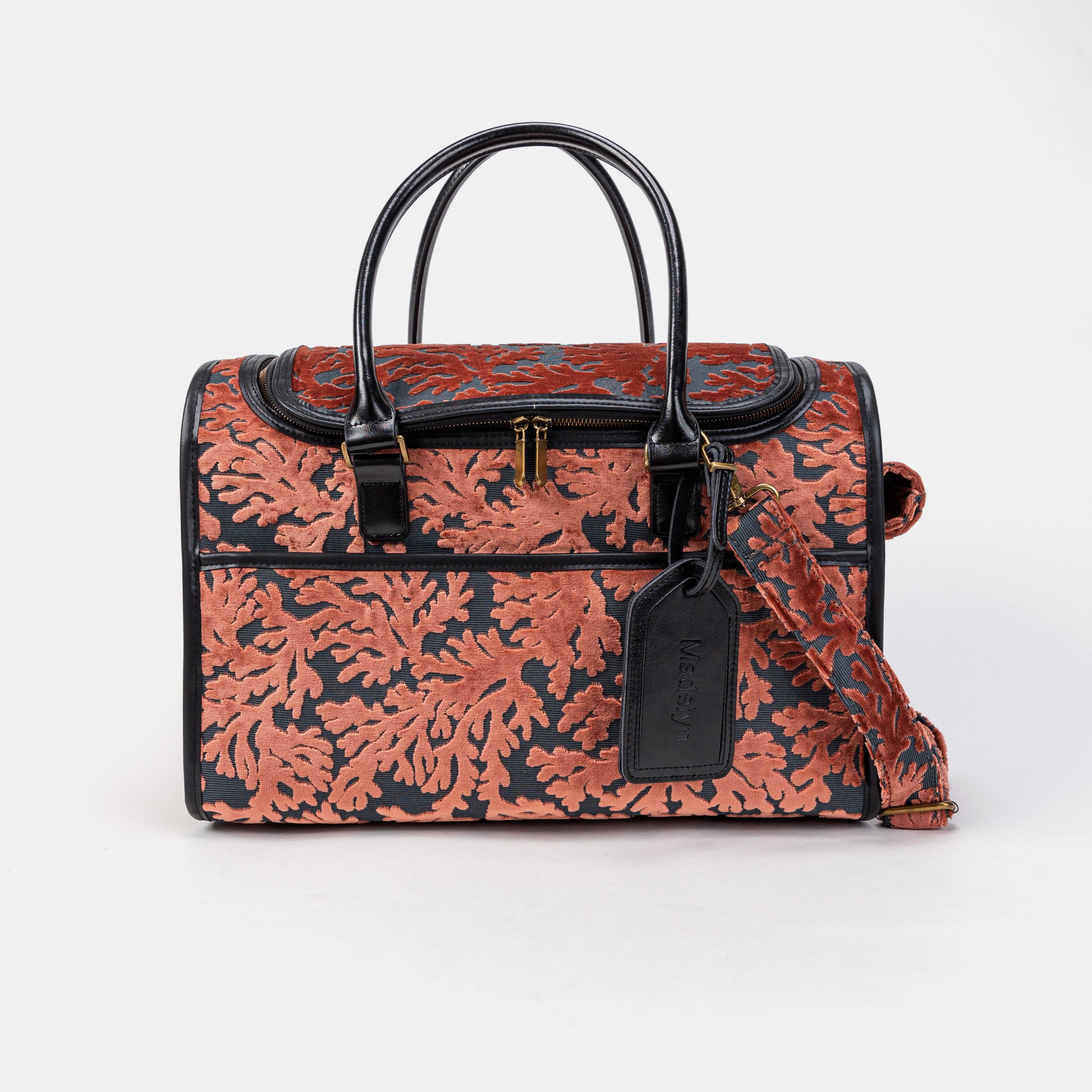 Travel Dog Carrier Bag Burnout Velvet St Tropez Scuba Coral Front