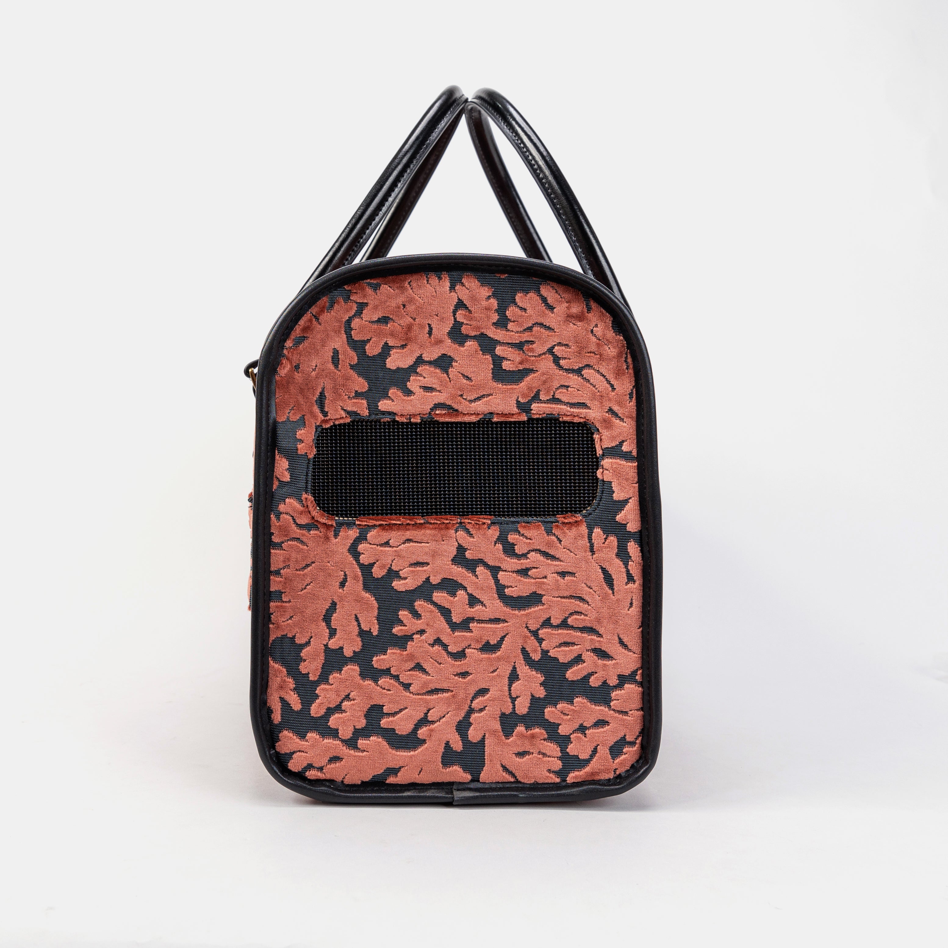 Travel Dog Carrier Bag Burnout Velvet St Tropez Scuba Coral Side Mesh